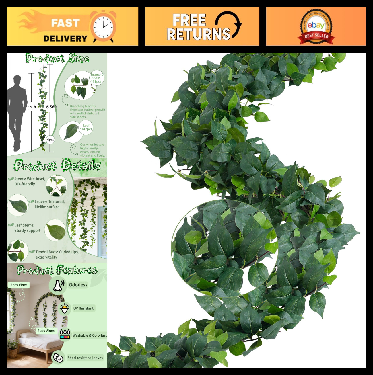 24FT Green Fake Ivy Vines – 4 Pack Faux Leaves for Bedroom Wall Decor & Outdoor