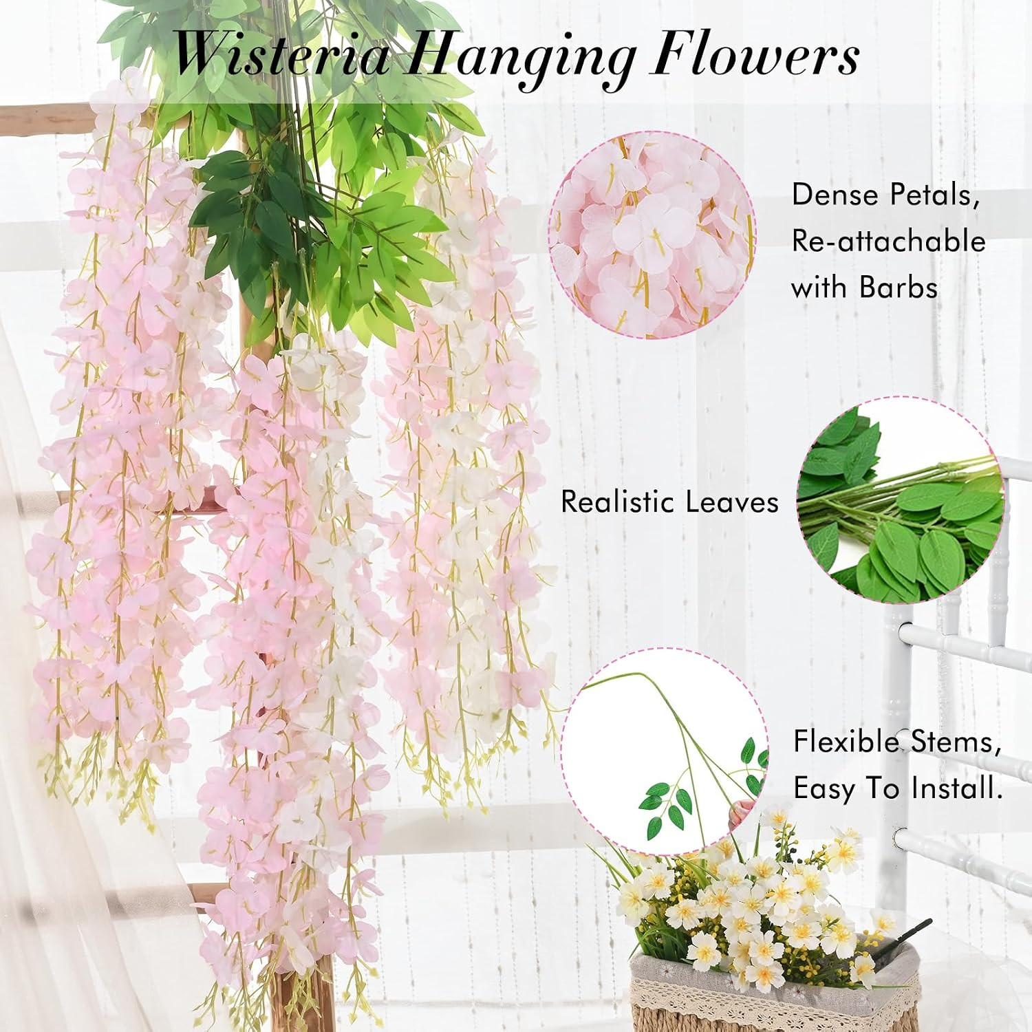 40 Pack Wisteria Hanging Flowers – Artificial Vines for Home, Wedding, Party Dec