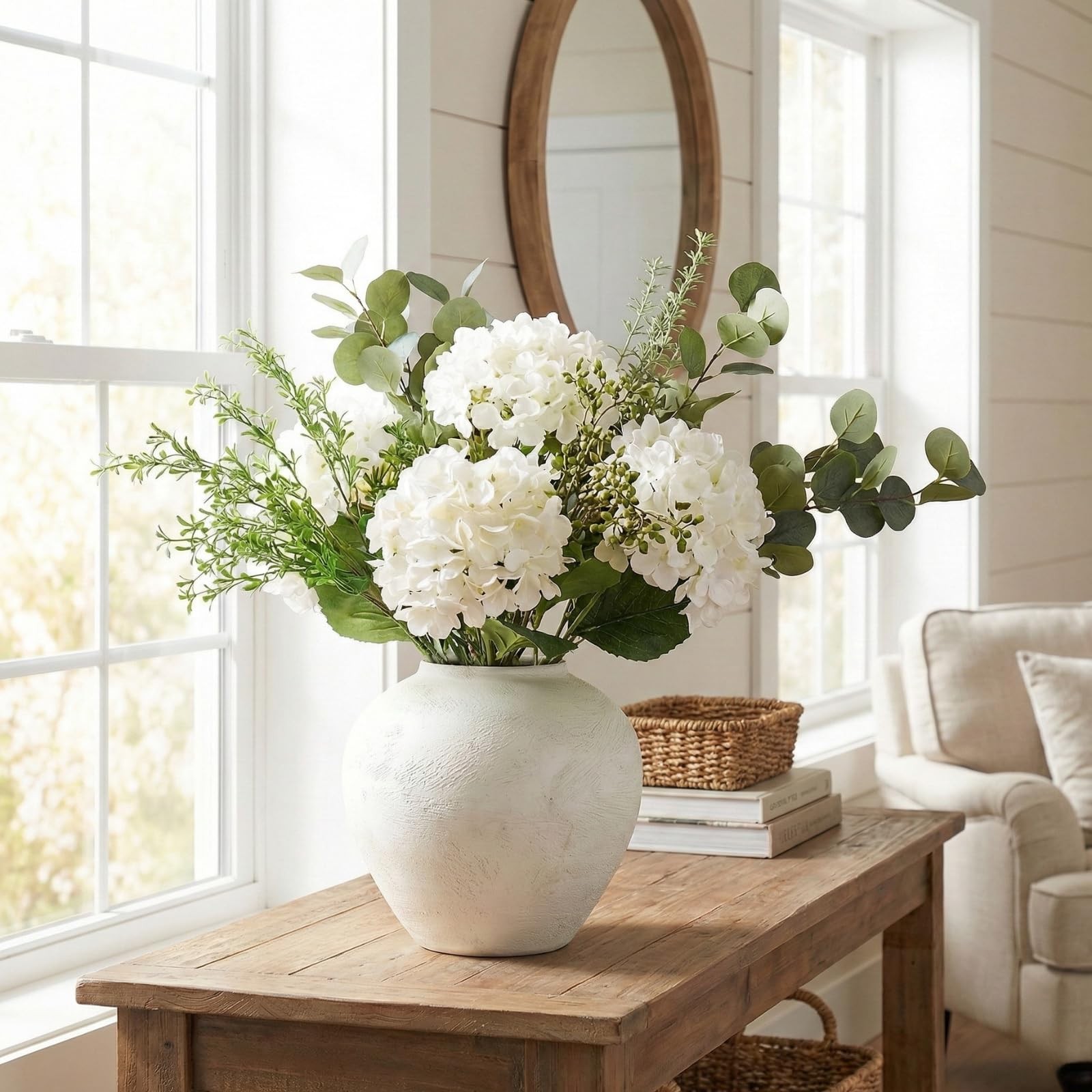 Faux Arrangement – Eucalyptus & White Hydrangea Flowers, Large Artificial Flo…