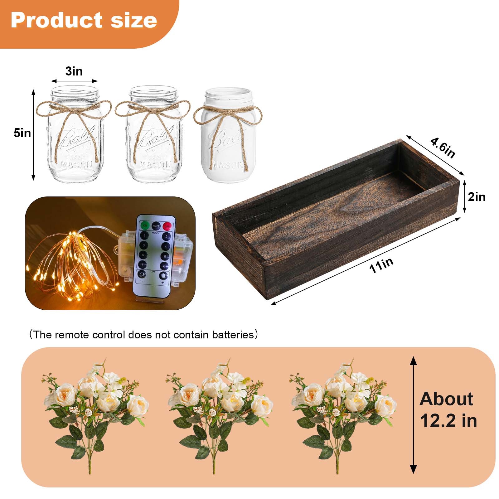 3-Piece Set Mason Jar with Artificial Flowers Rose Centerpiece Table Decoration