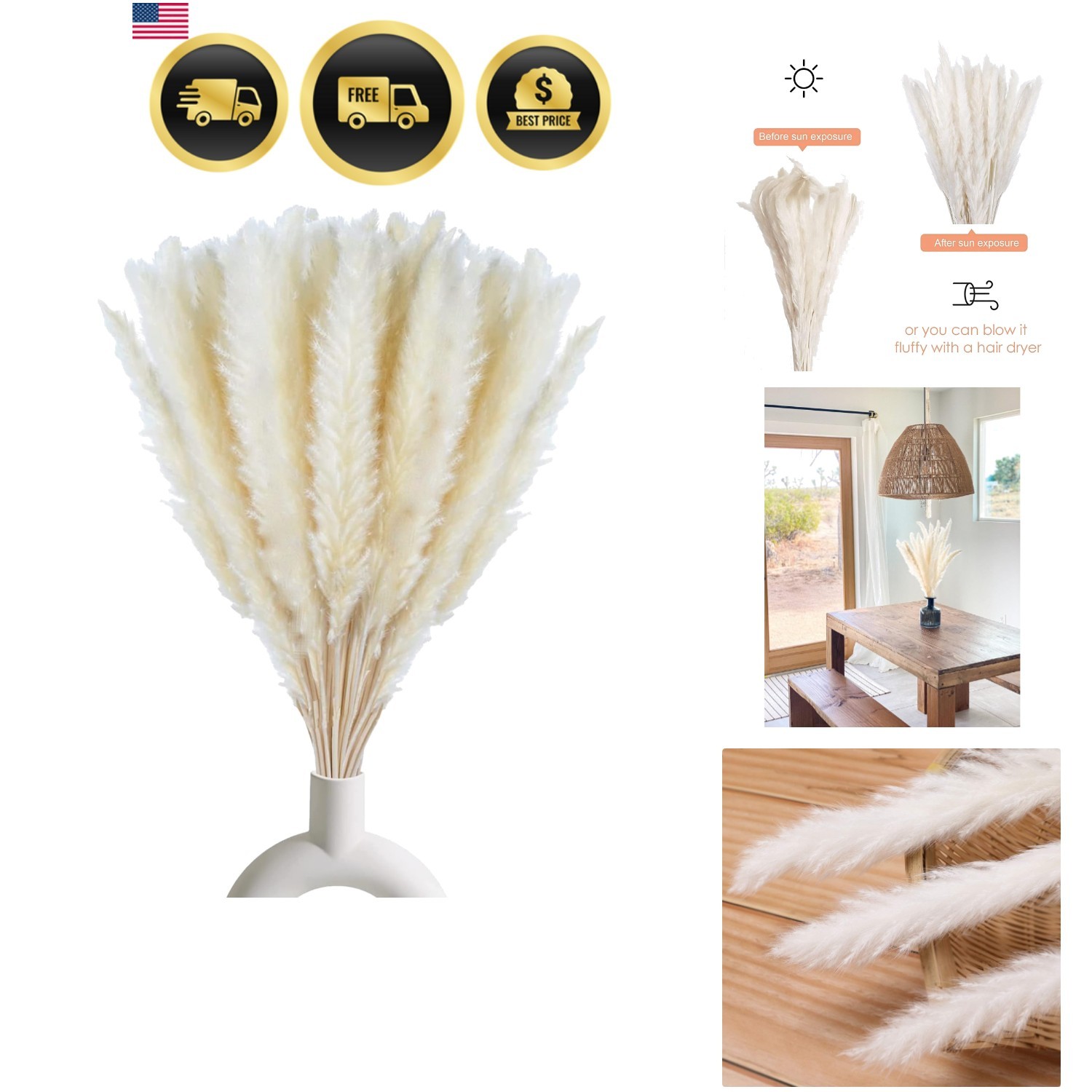 30 Pcs White Pampas Grass ,17 inch/45 cm Natural Dried Pampas Grass Branches …