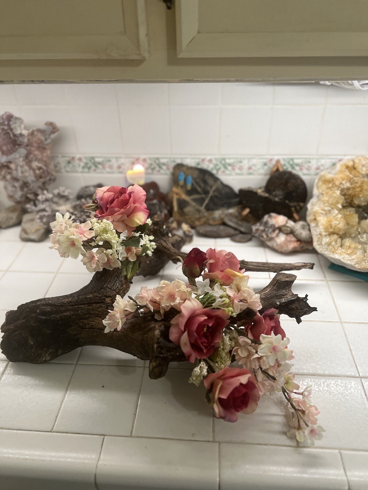 ORIGINAL FLORAL DESIGN WOOD BASE, ROSES, PEACH BLOSSOMS MOSSES BABY BREATH
