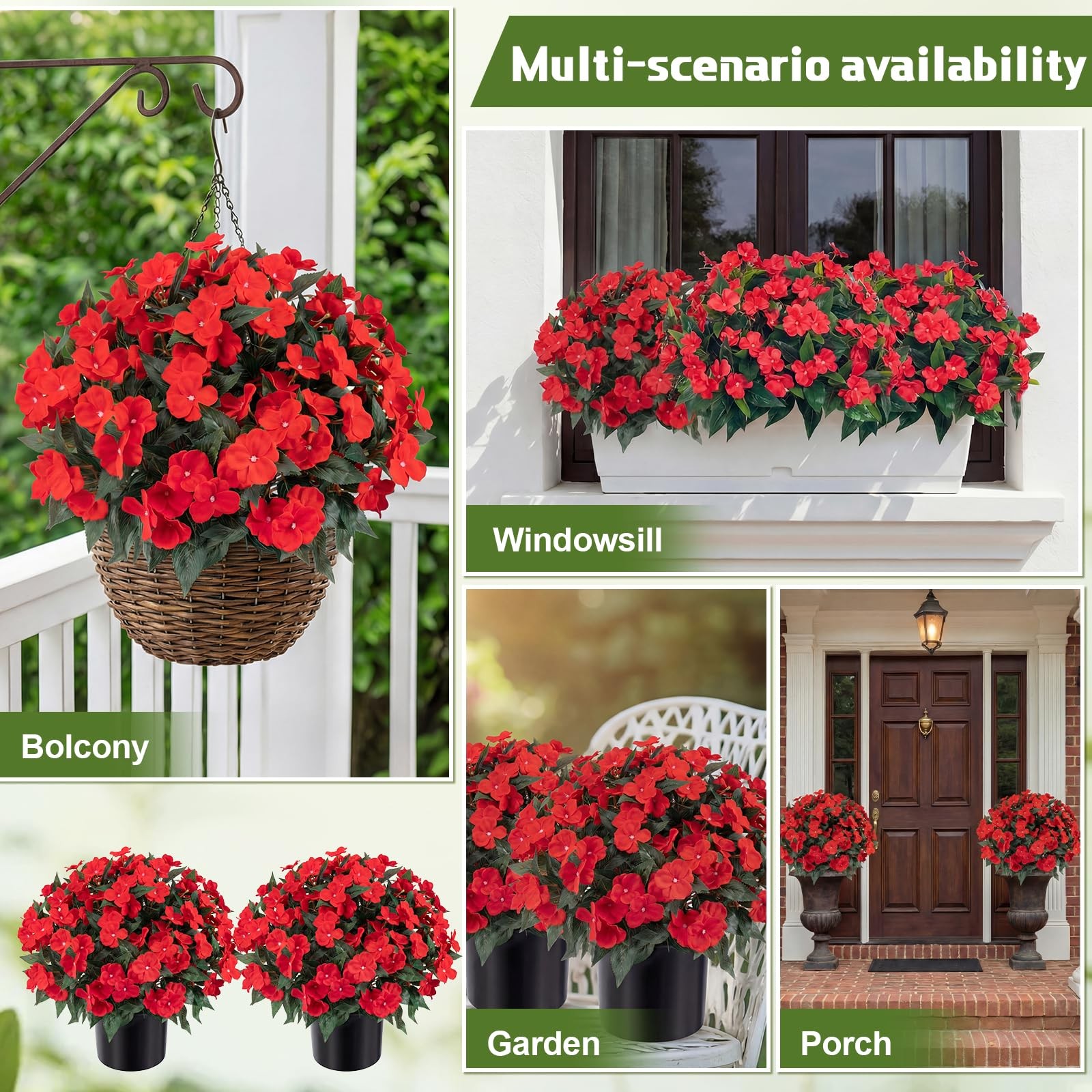 2 Set Potted Artificial Impatiens Topiary – Faux Silk Flower Potted Plants fo…