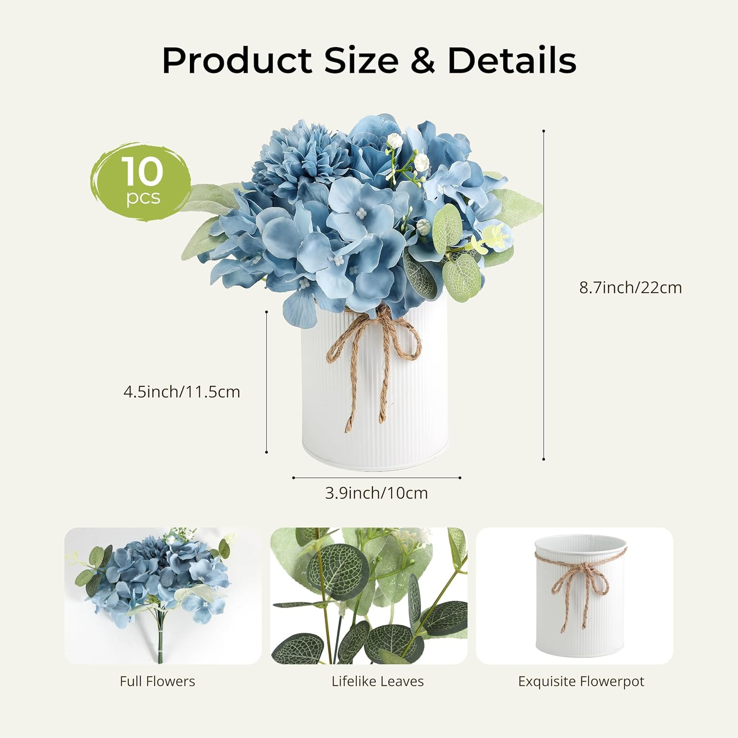 Dusty Blue Hydrangea Centerpieces – 10PCS Silk Flowers with Vase for Events