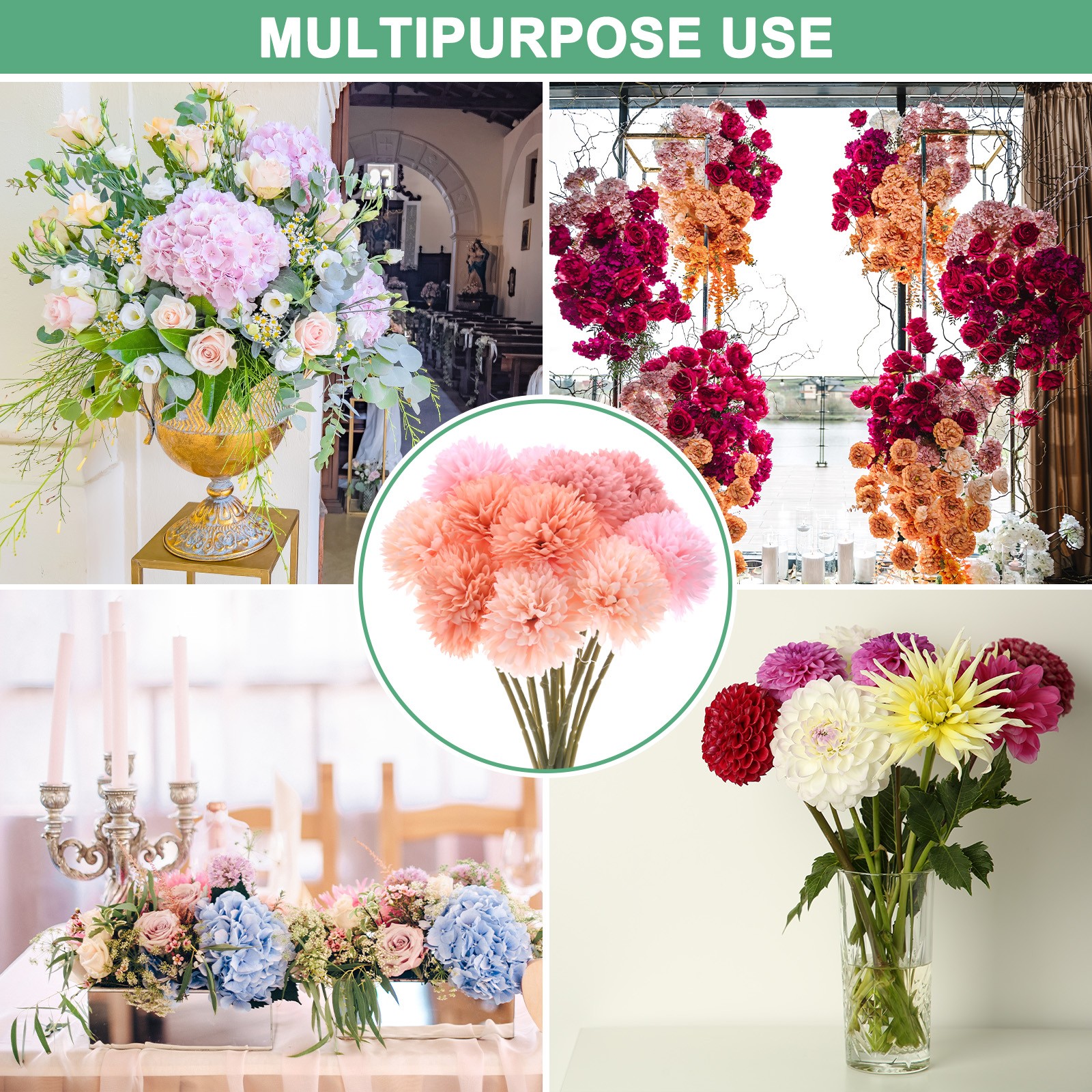 12 PCS Artificial Chrysanthemum Ball Flower Pink,Light Pink,Dark Pink,Peach Pink