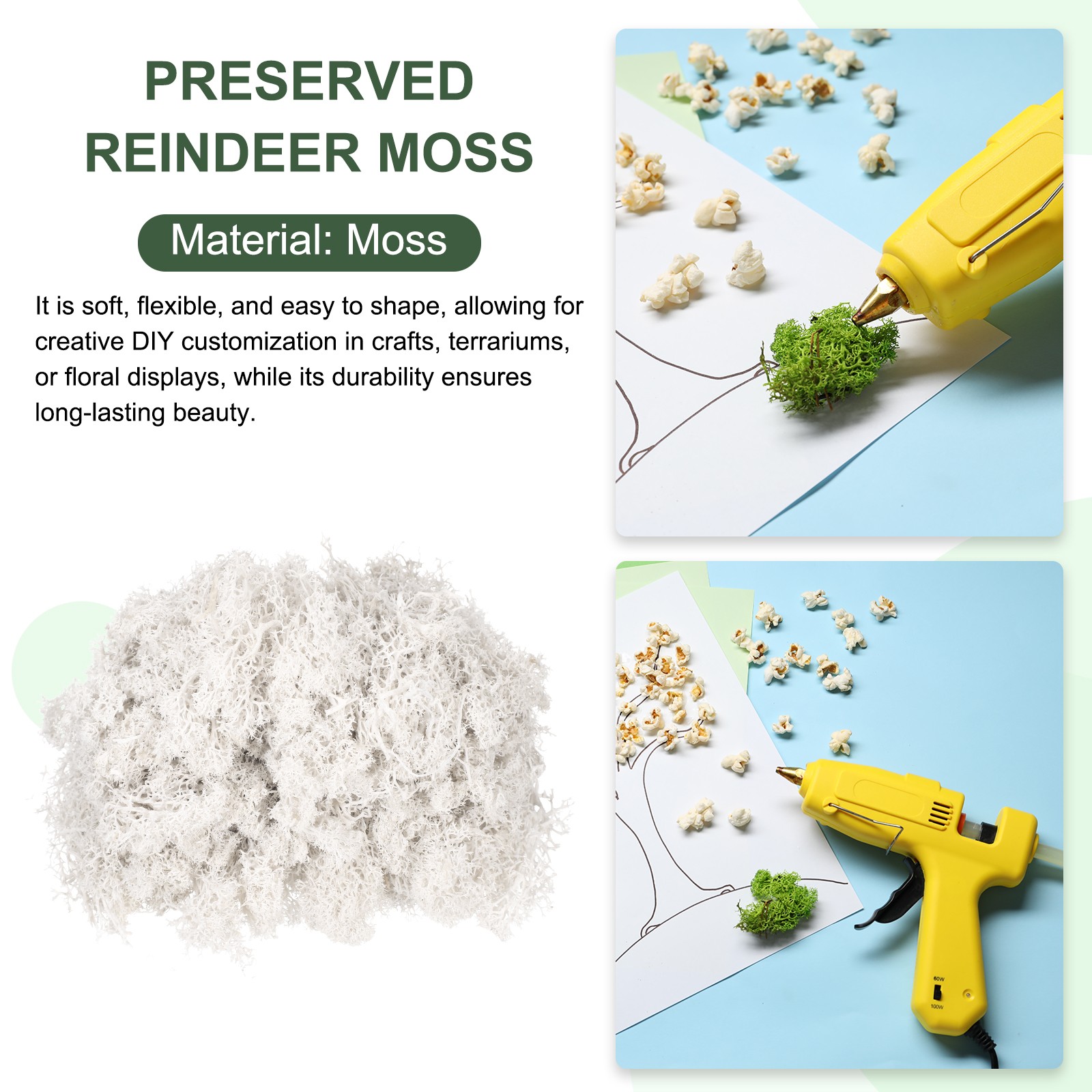 4.6oz Preserved Reindeer Moss, White Decorative Artificial Fake Moss