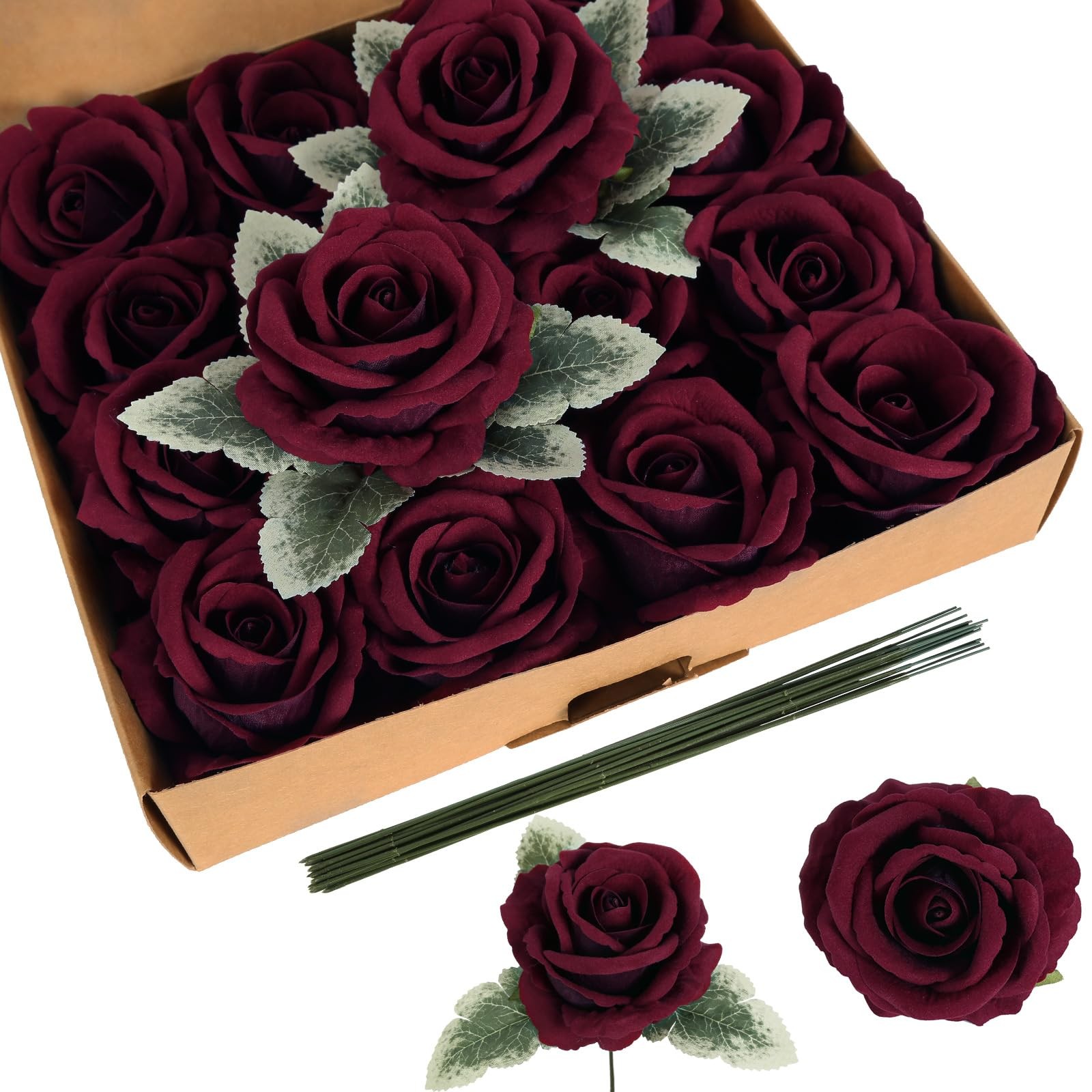 16pcs Burgundy Rose Artificial Flowers 3.93″ Large Fake Velvet Rose Bulk Real…