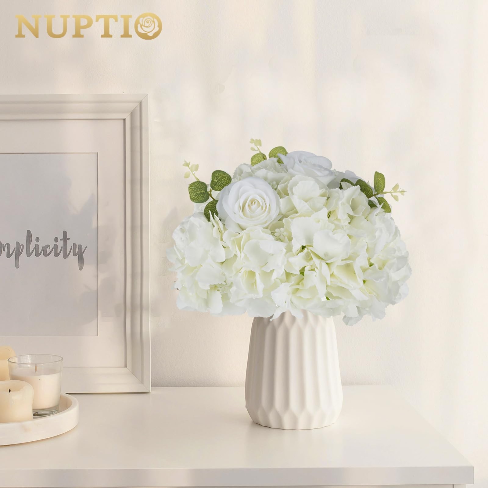 2 Pcs White Rose Flower Ball Arrangements – 11.8″ Fake Floral Centerpieces for W