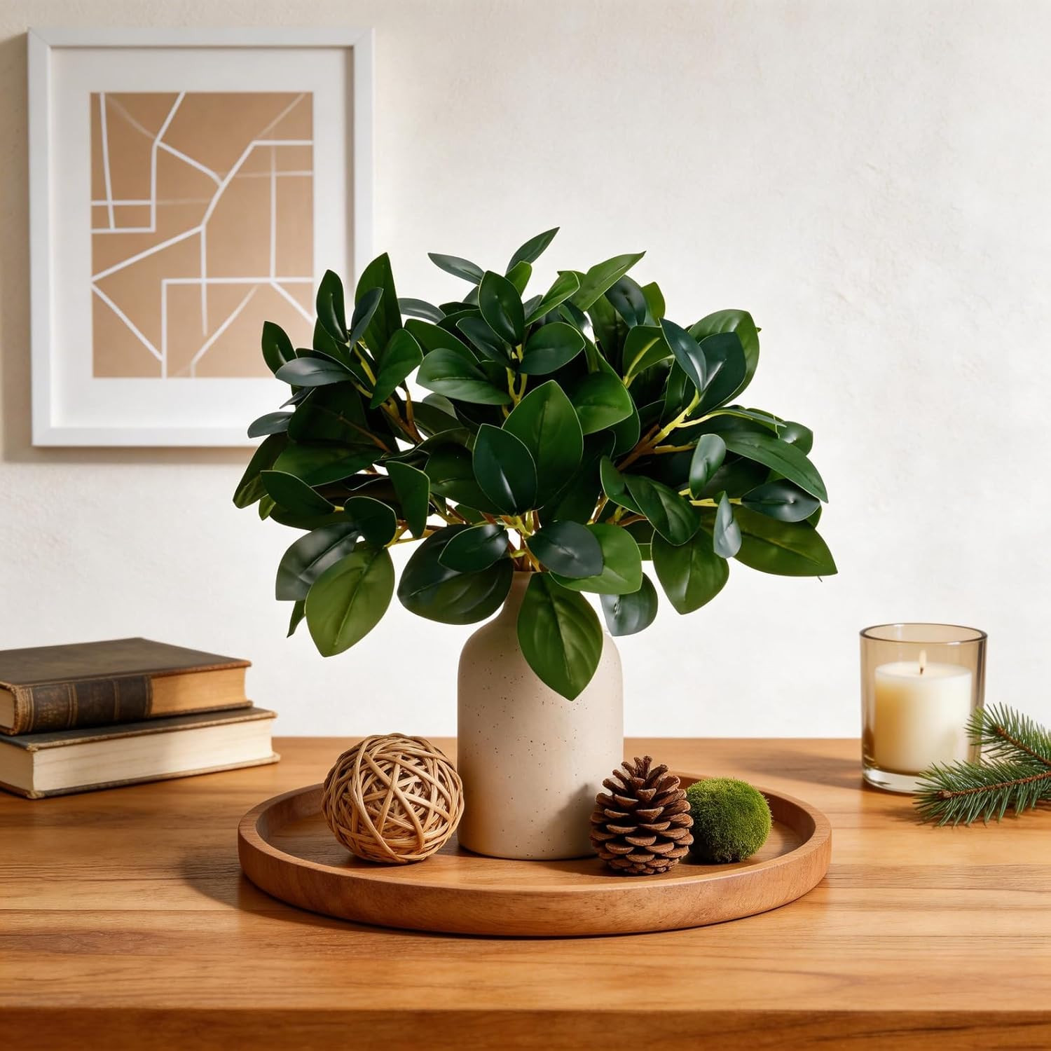 12 Inch Artificial Plant Indoor,Small Fake Plants Eucalyptus Stems with Vase,Fau