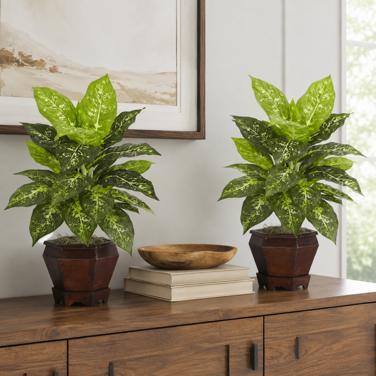 Golden Dieffenbachia w/Wood Vase Silk Plant Variegated