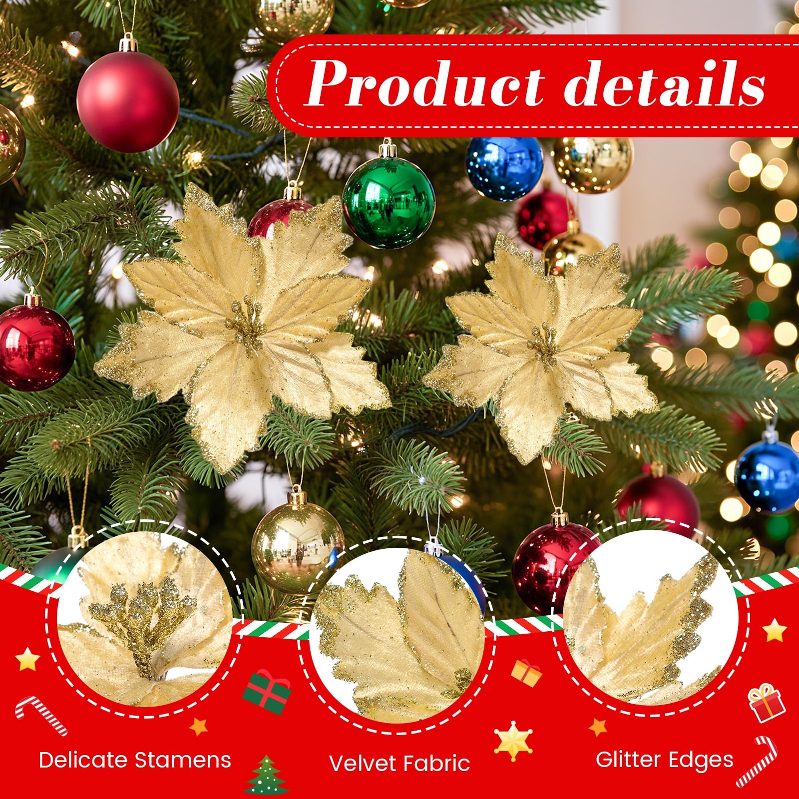 24 PCS Gold Glitter Poinsettia Flowers 5.91/3.94 Inch Velvet Xmas Decor