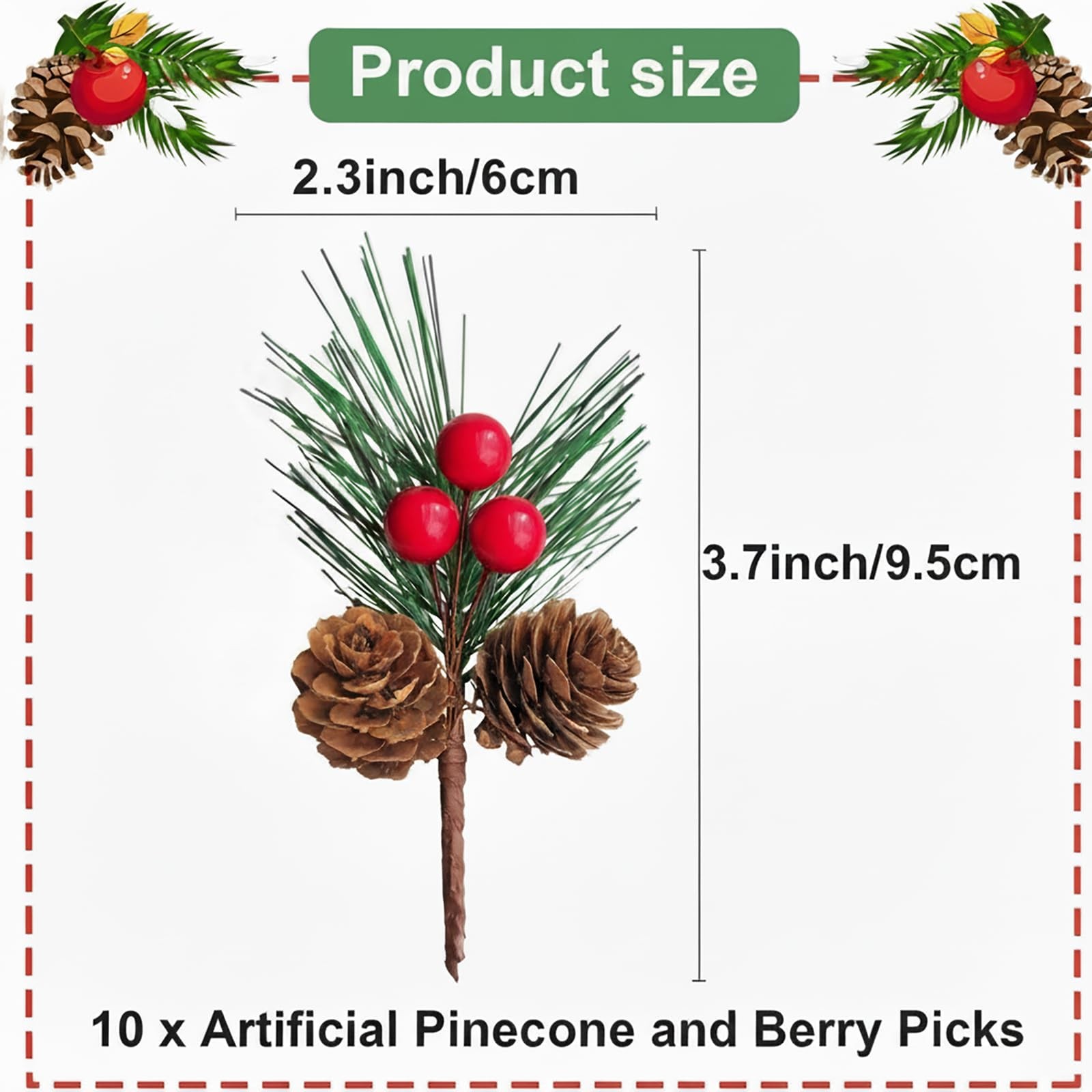 10 PCS Artificial Pine Branch With Berries Pinecone Christmas Tree Decor