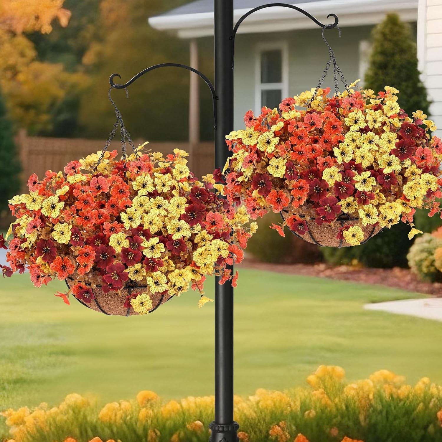 Mixed Color 2-Pack Artificial Hanging Baskets – Vibrant Fall Mums for Outdoors