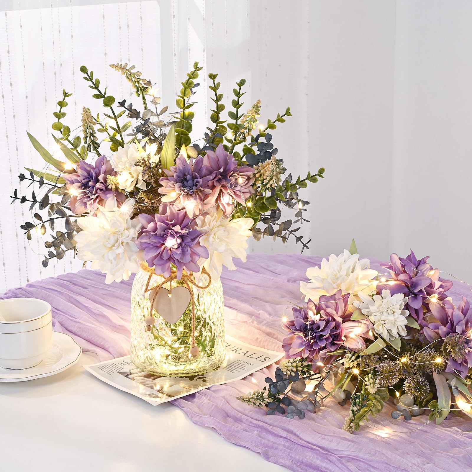 Fake Flowers in Vase with Lights, Faux Flowers in Vase, Dahlia Artificial Flo…