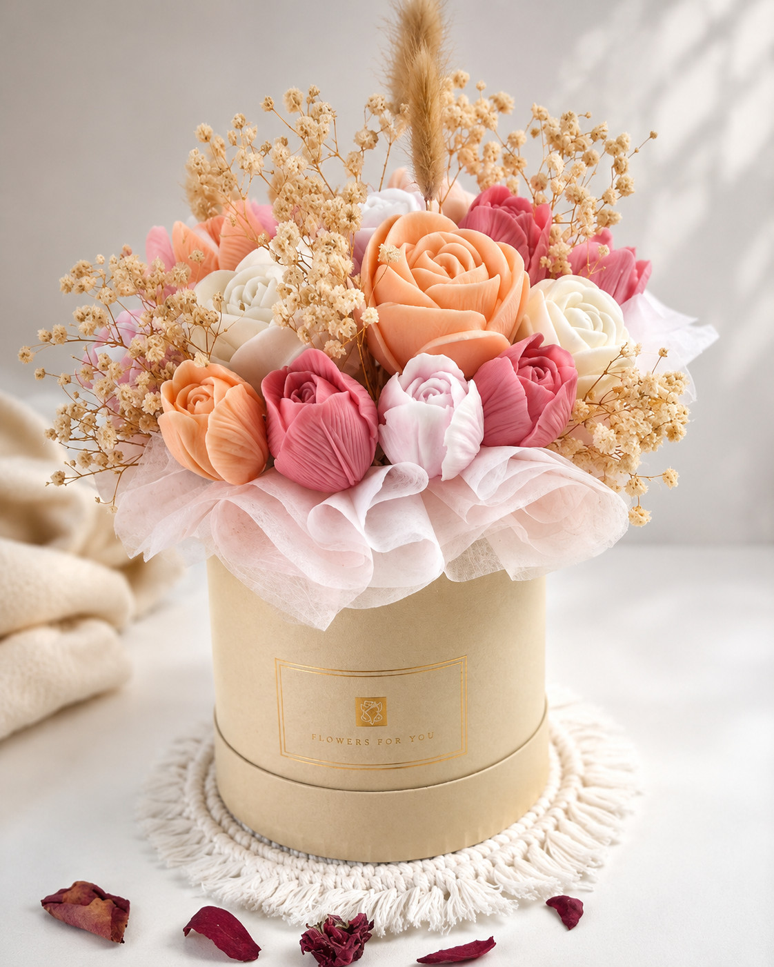 Handmade Wax Rose & Tulip Flower Bouquet Arrangement Home Decor Centerpiece