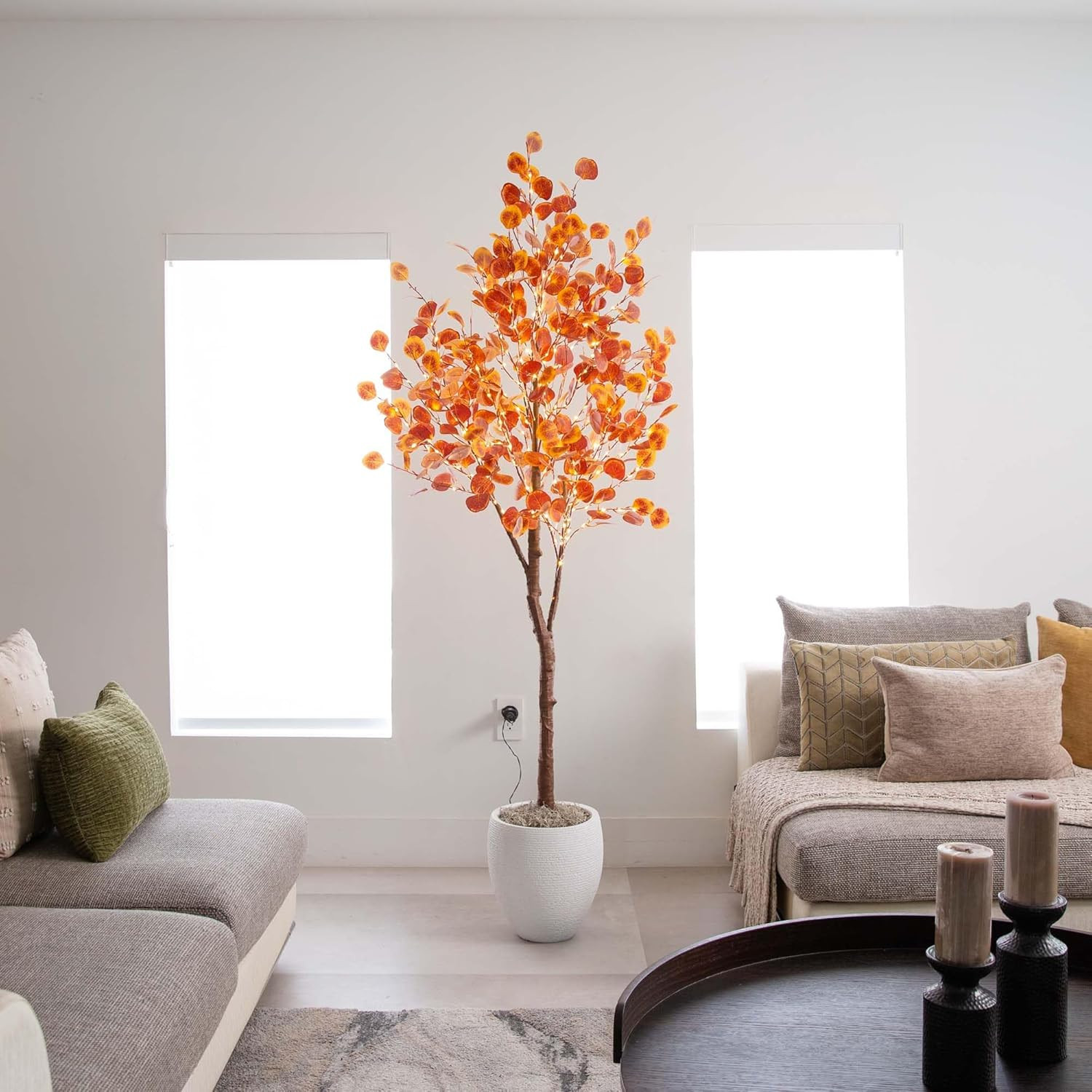6FT Pre-Lit Faux Eucalyptus Tree with 300 LED Lights for Fall Décor