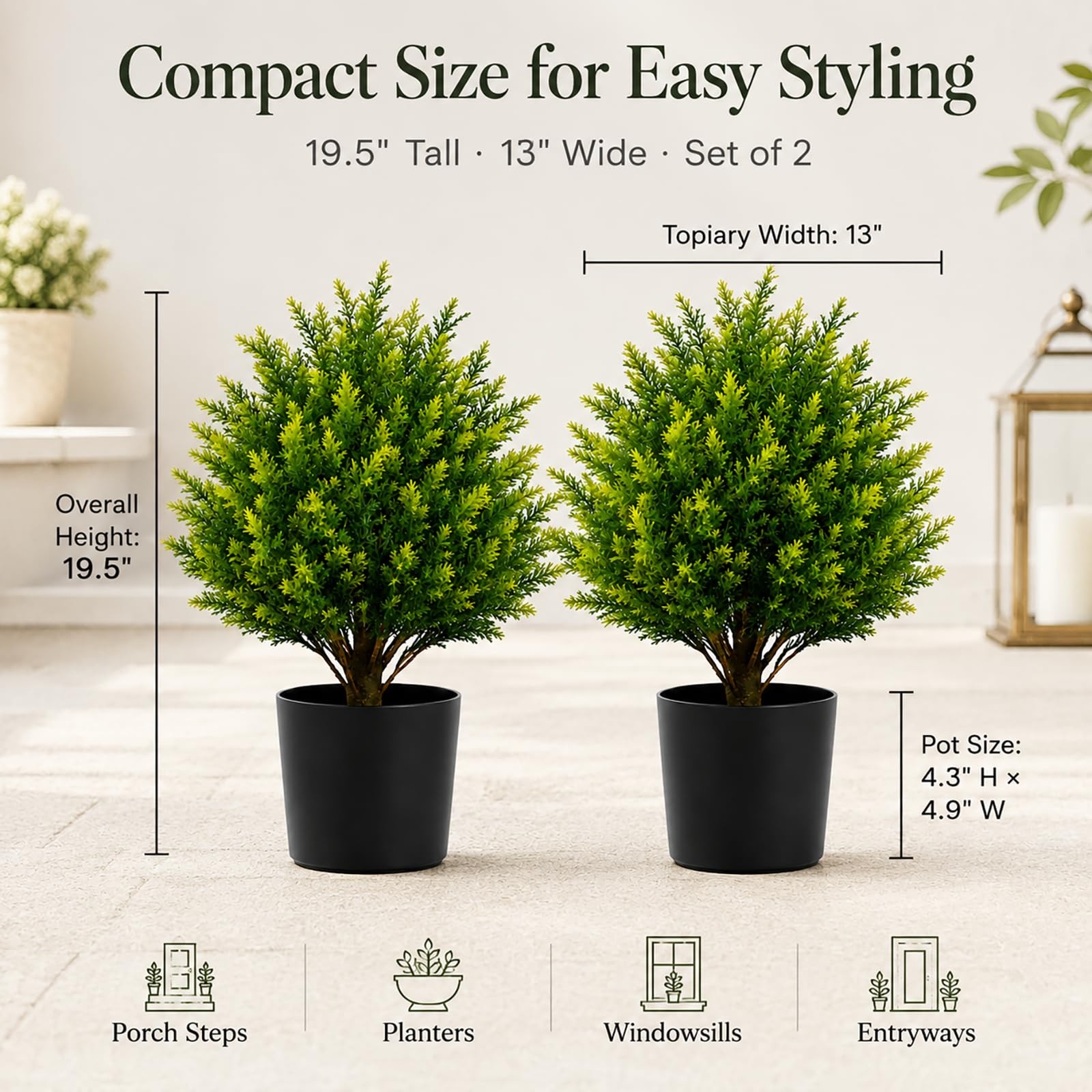 Set of 2 Artificial Topiary Trees, 19.5″ Tall with Pot