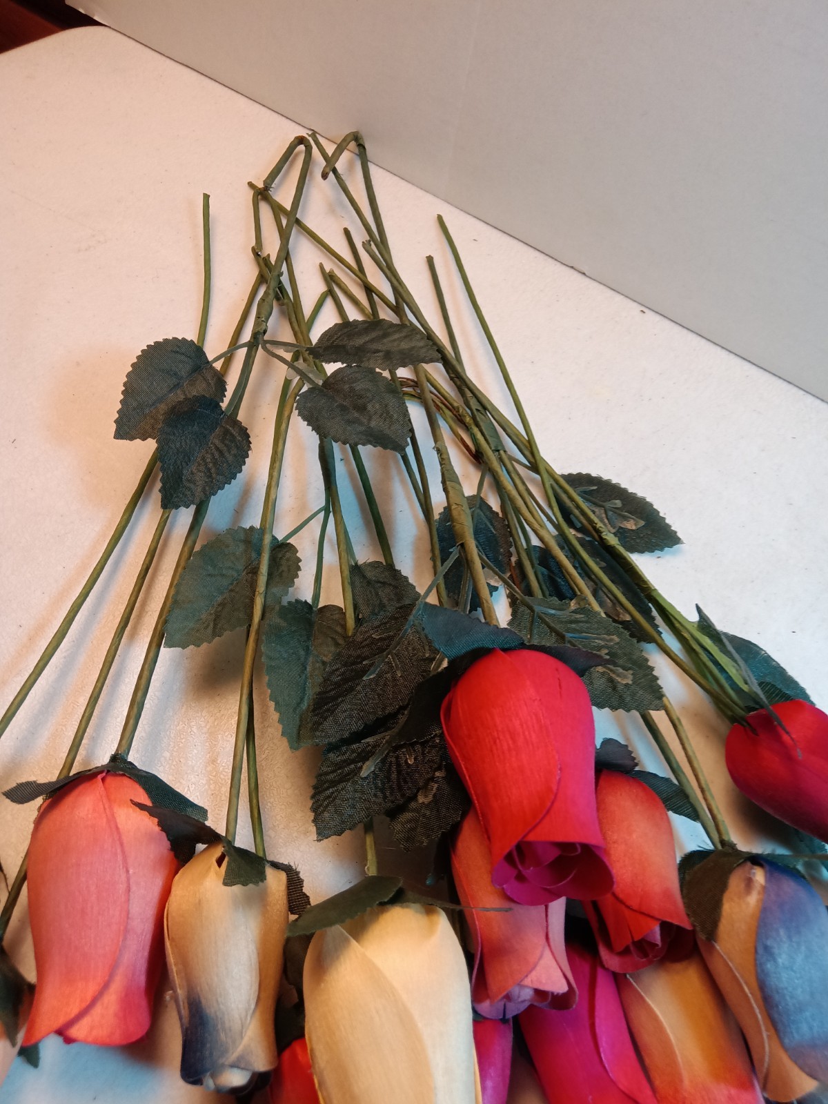 Bundle Of 17 Shaved Wood Rose Buds on stems, Assorted Colors