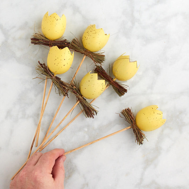 Set of 12 Yellow Artificial Cracked Eggs and Twig 10″ Floral Picks