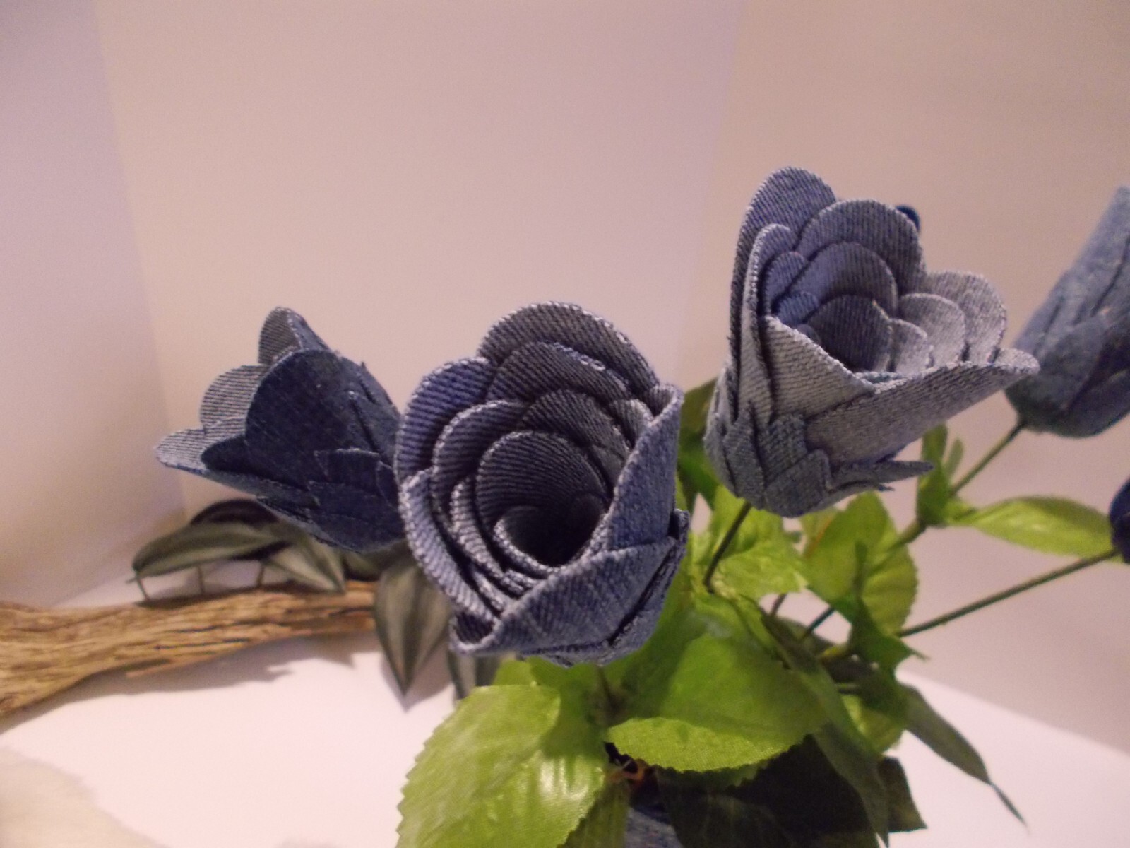 Handcrafted Denim 6 Rose Bouquet in Denim Seams Vase w Teddy Bear Upcycled Denim