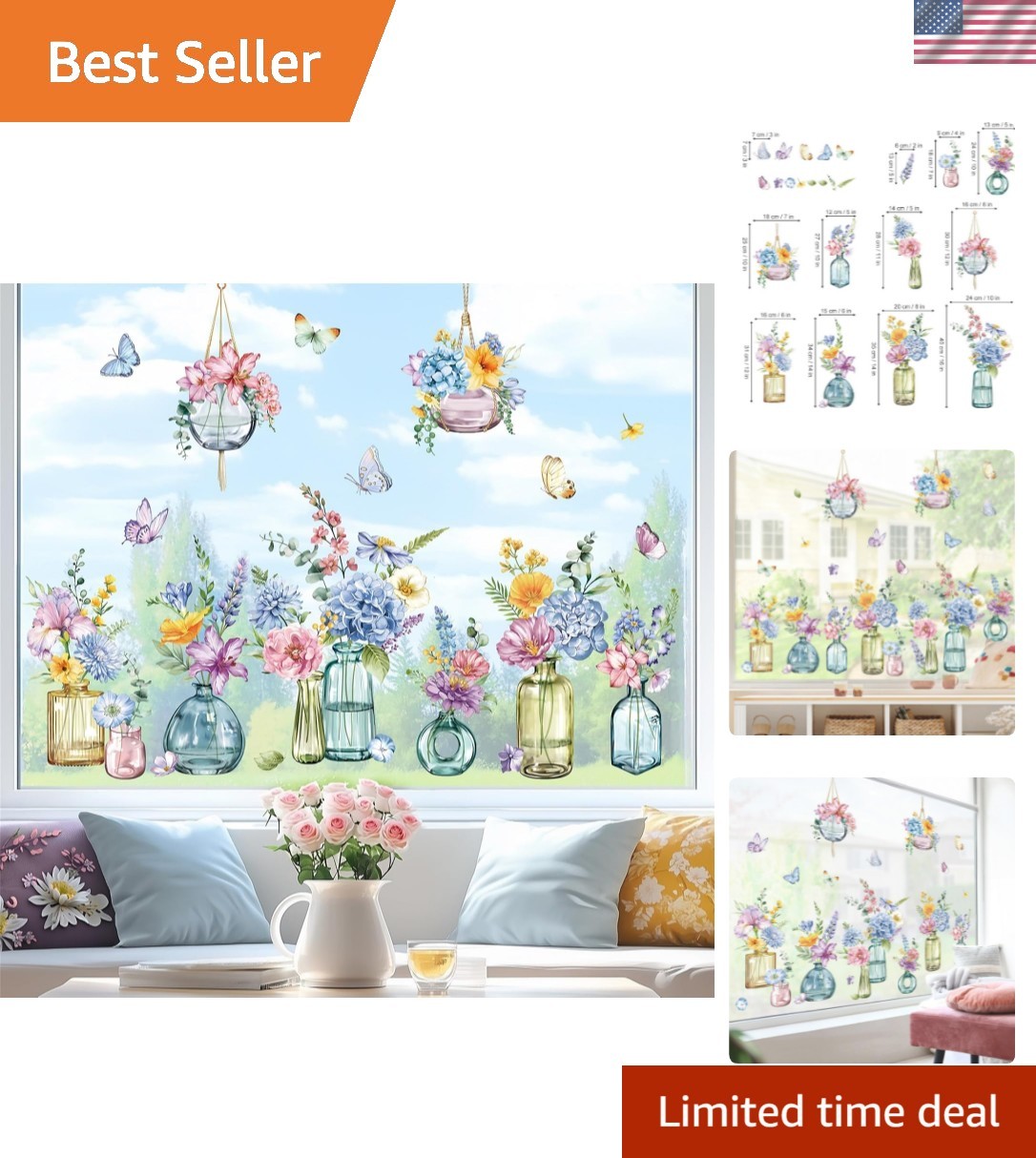 Spring Summer Potted Flowers Vase Window Clings Double Sided Blue Purple Wild…