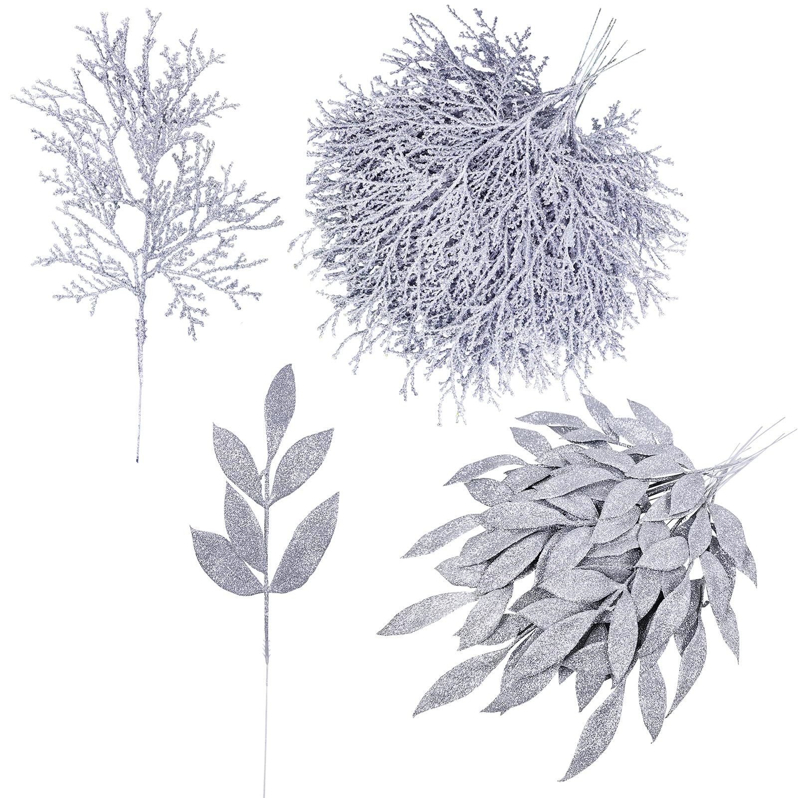 30 Pcs Christmas Artificial Leaf Sprays Cedar Picks Silver Glittered Christma…