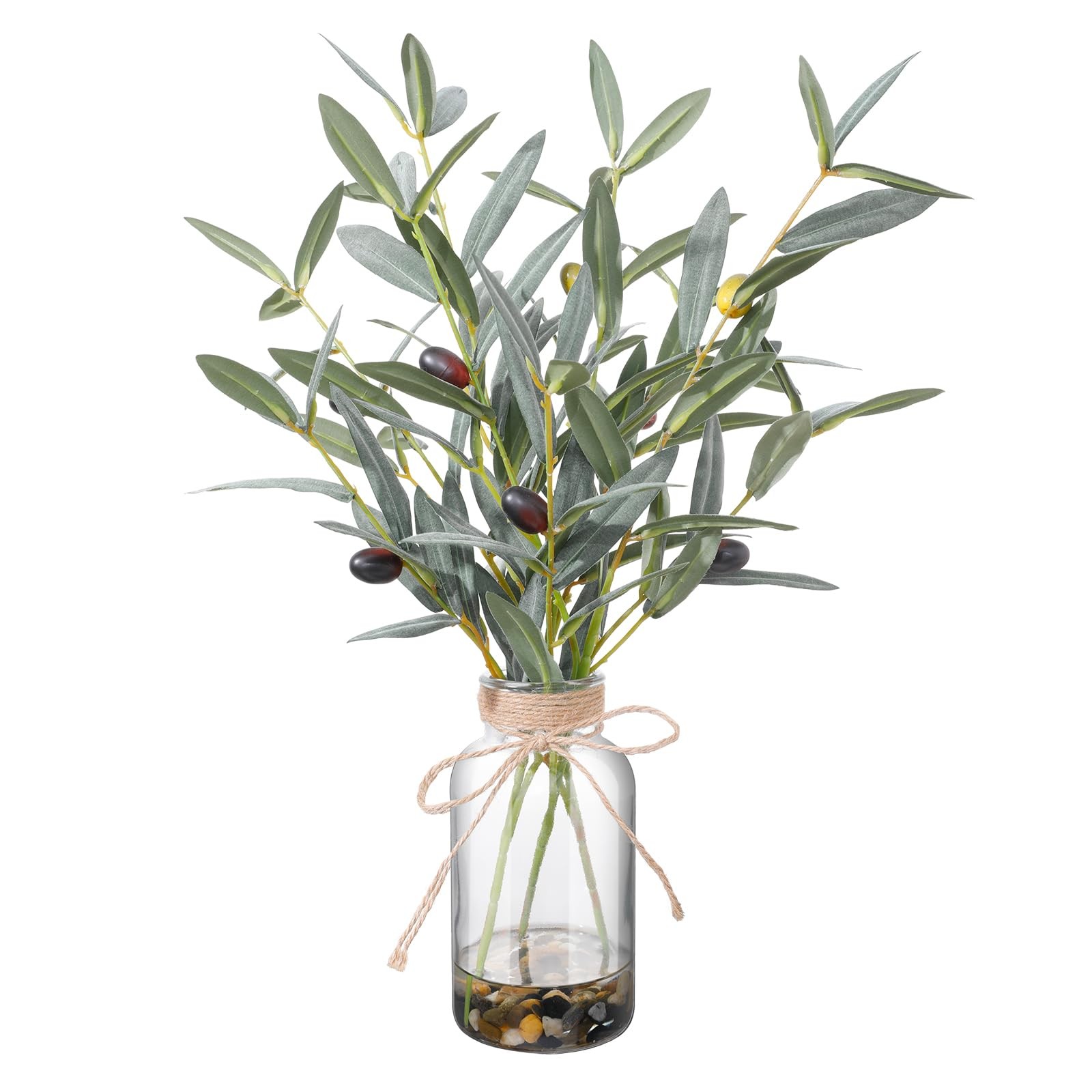 15.74” Artificial Olive Branches in Glass Vase with Faux Water & Natural Ston…