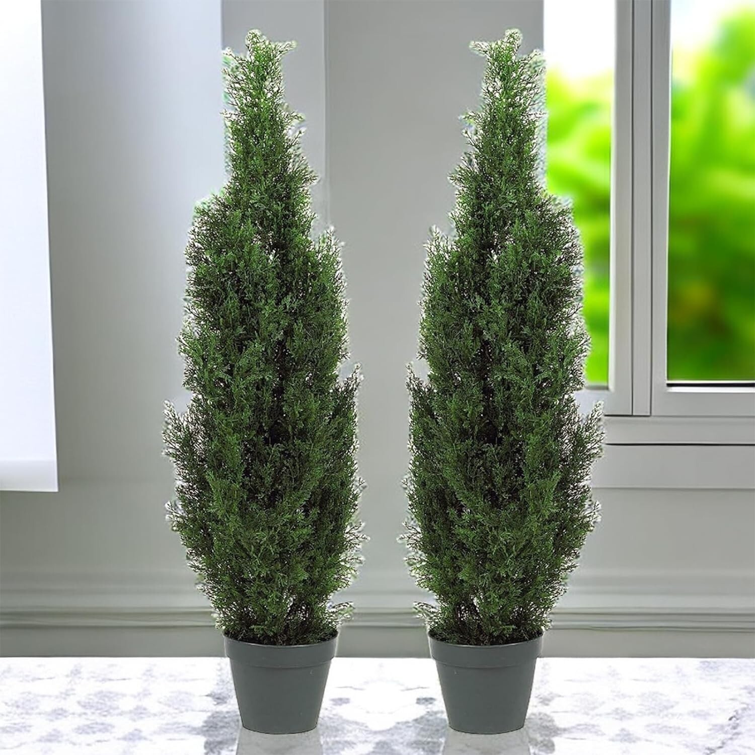 Decorative 3′ Cedar Topiary Trees in Pots – 2-Piece Set for Year-Round Charm