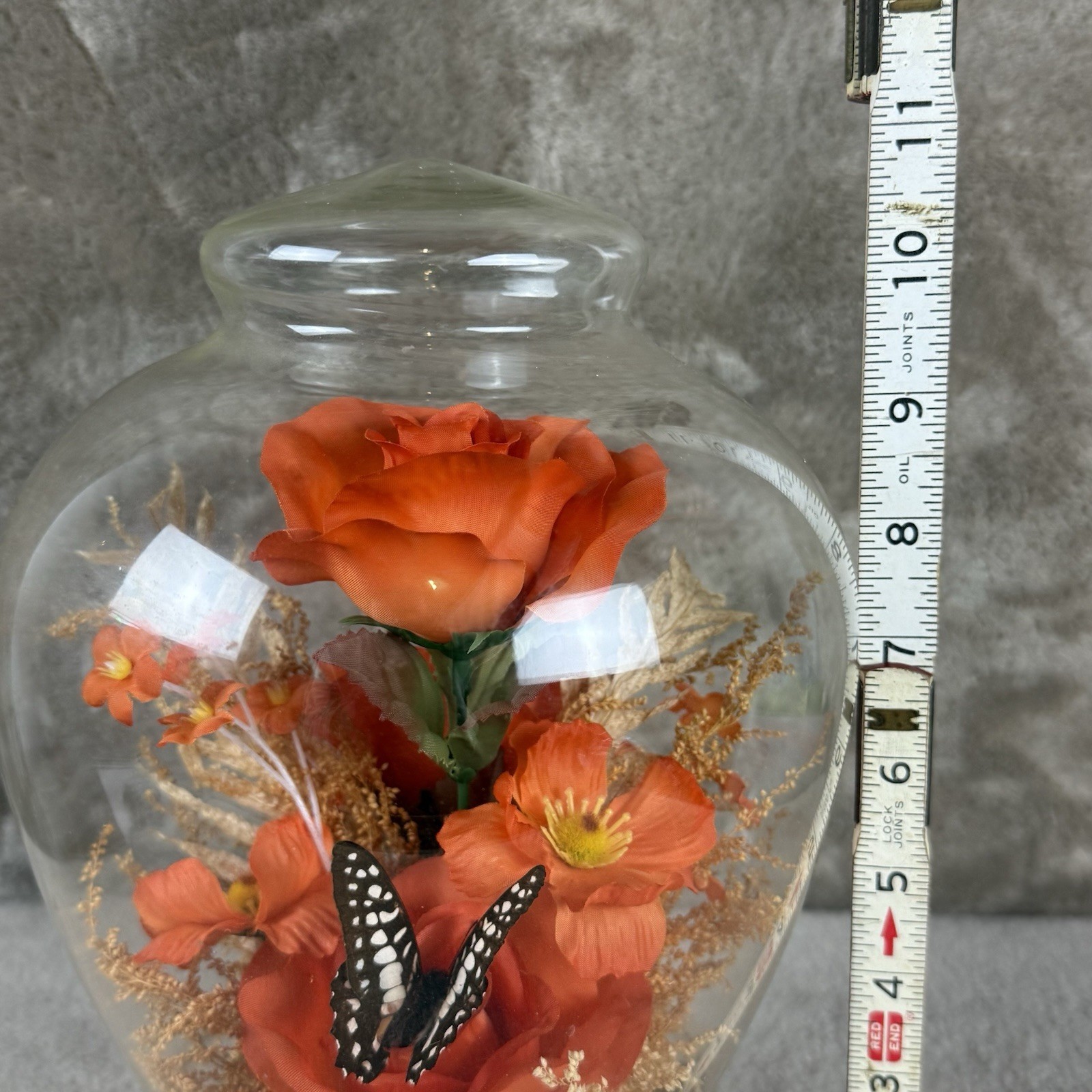 Vintage Butterfly w/Silk Flowers Under Glass Dome Cloche~Silk Flowers Wood Base