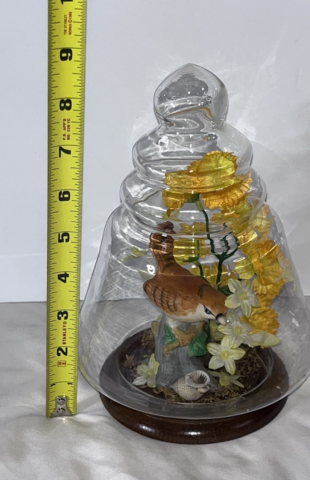 Vintage Floral Cloche Dome Terrarium Dried Silk Flowers & Bird on Wood Base