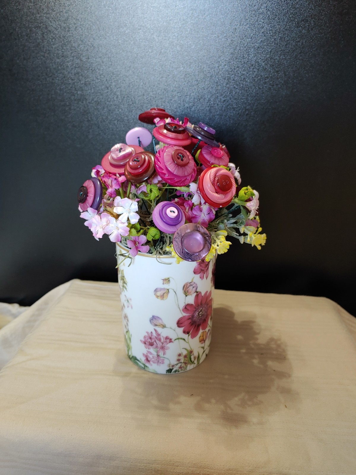 delicate floral mug with pink purple yellow BUTTON BOUQUET