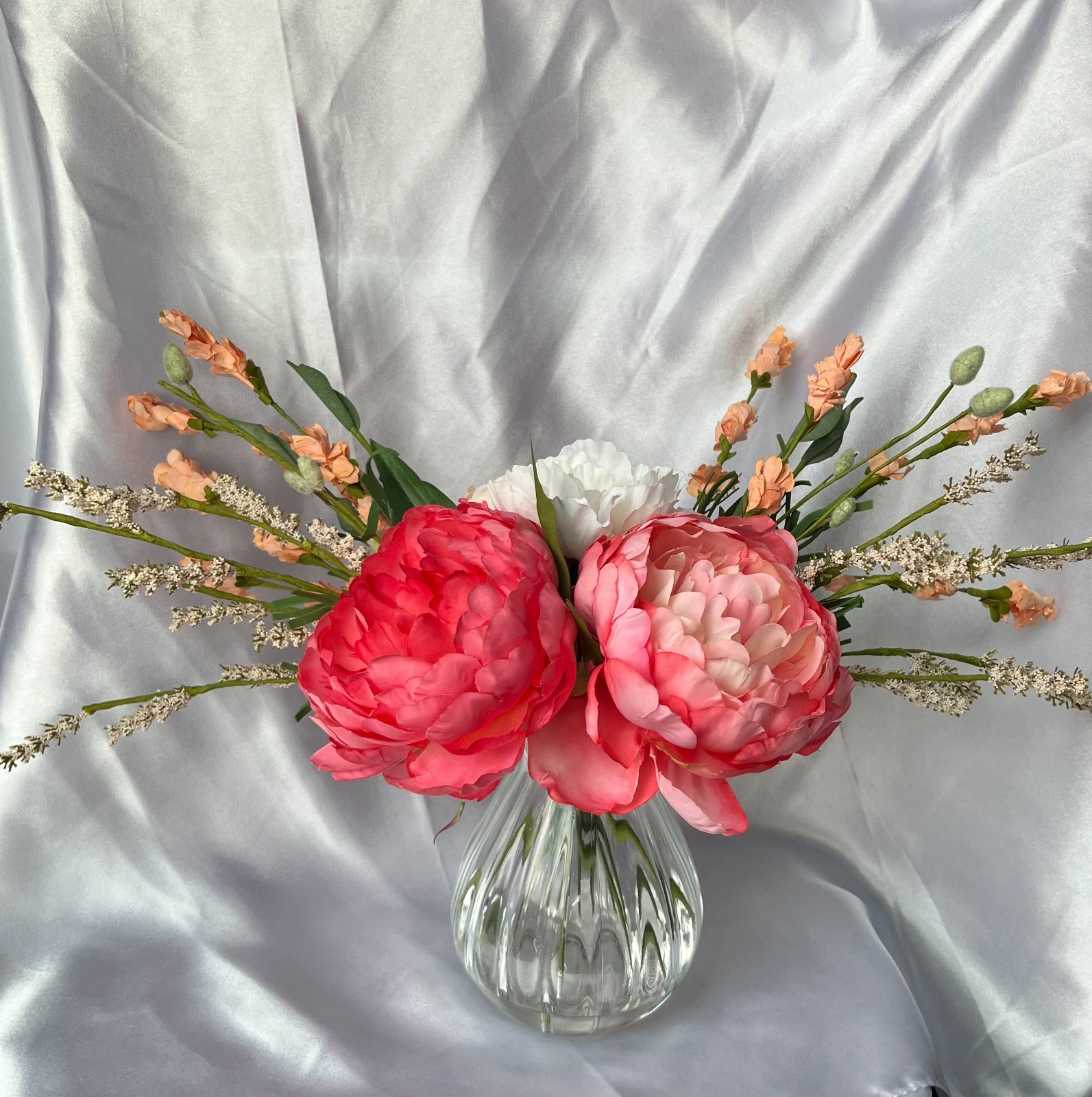 Coral and Peach Peony Silk Flower Arrangement with Vase and Clear Acrylic Water