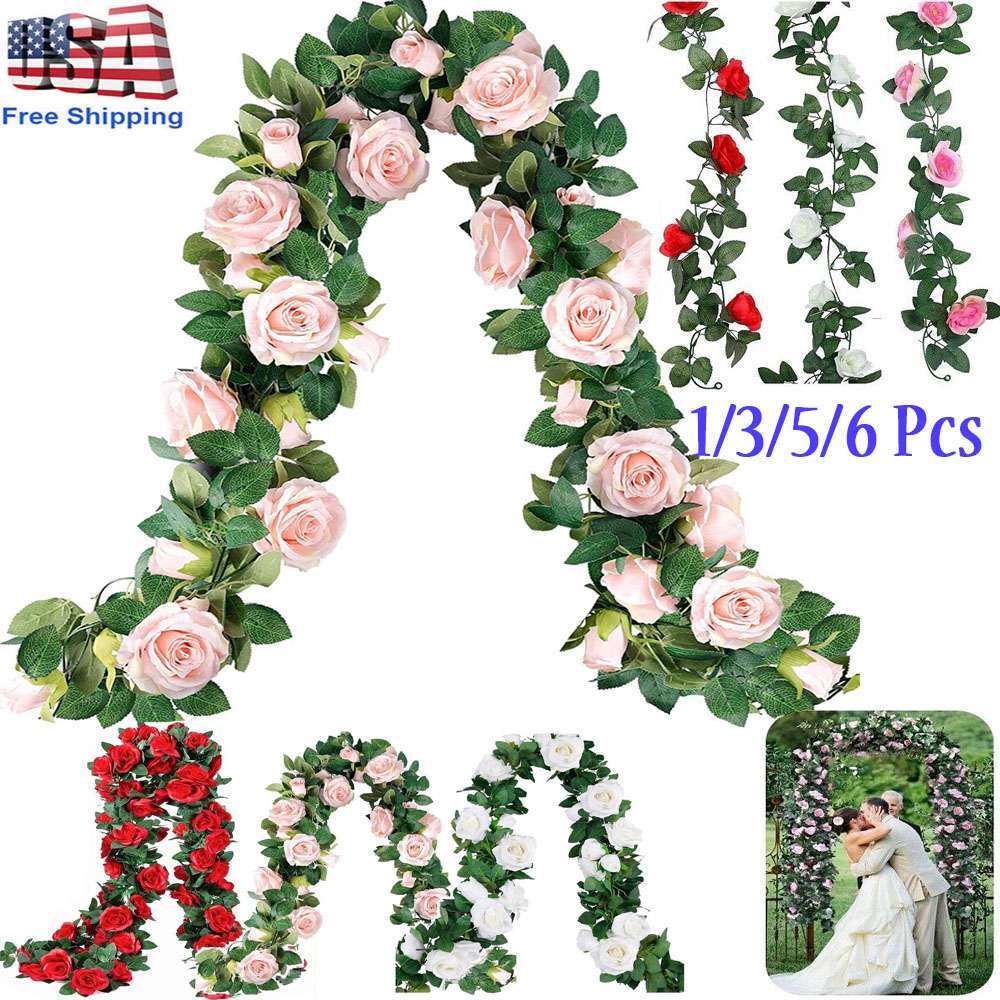 1-6Pack Fake Rose Vine Flowers Plants Artificial Hanging Ivy Home Party 7.6 Feet