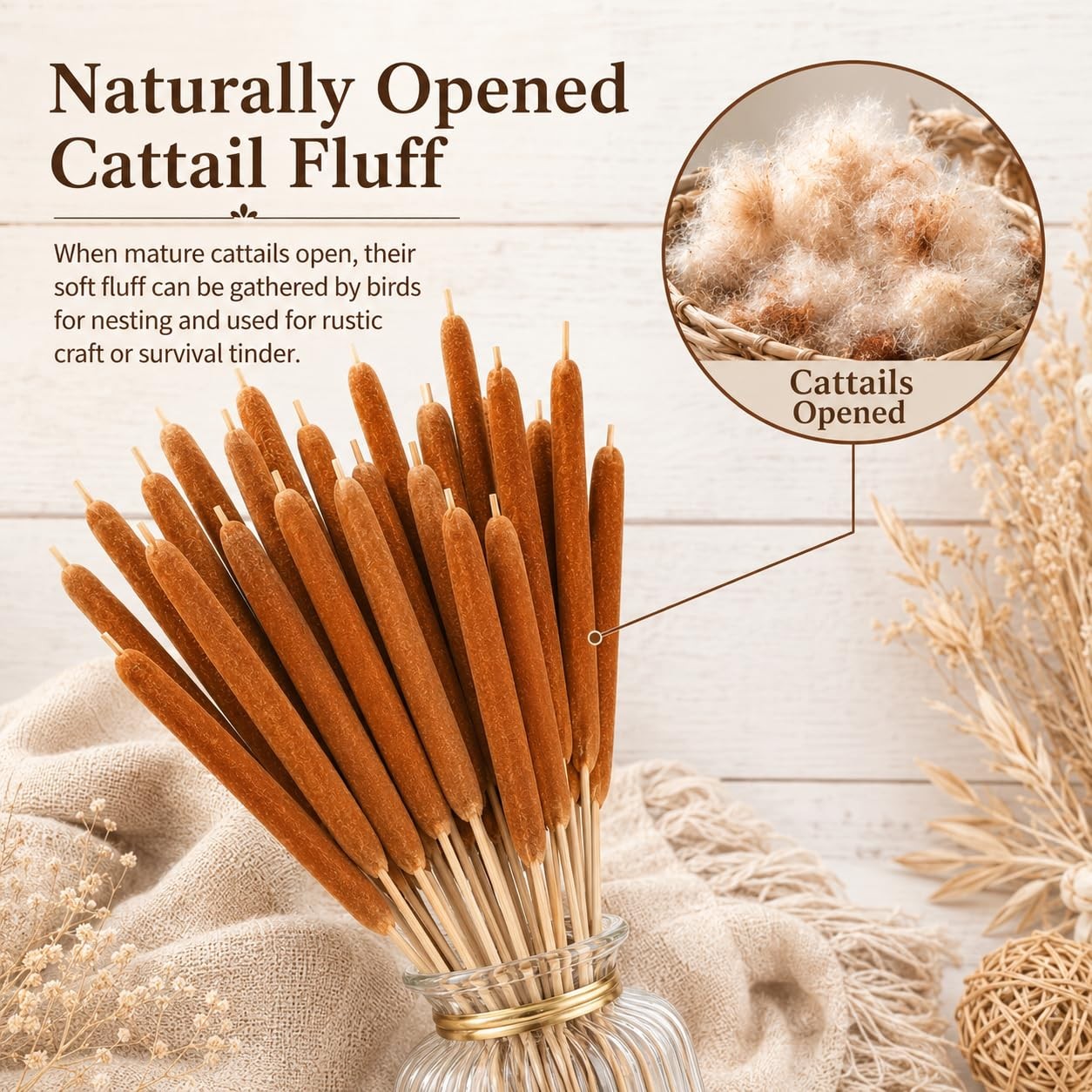 20PCS Dried Natural Cattails Stems 17″ Real Brown Bulrush Reed Grass for Vase…