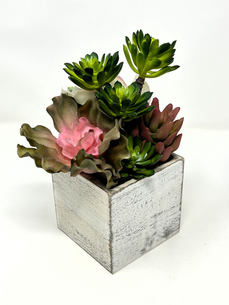 9″ Artificial MAUVE PINK mixed Succulent Garden #17, White Wooden Box Planter