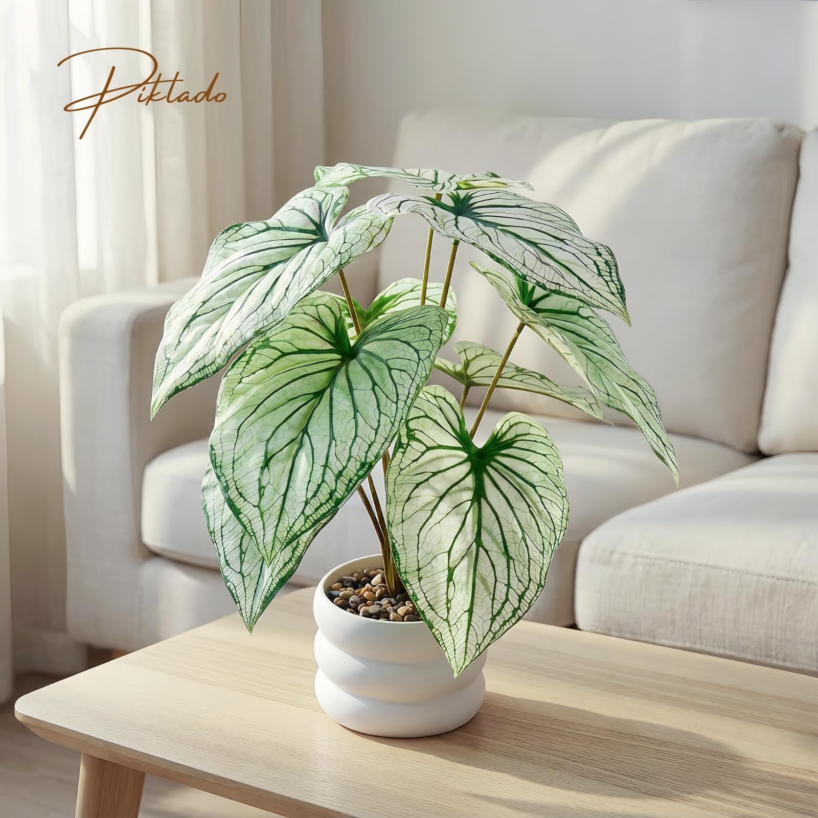 Faux Caladium Bicolor Plants in White Pot, 15.7″ Tall Fake Alocasia Potted Se…
