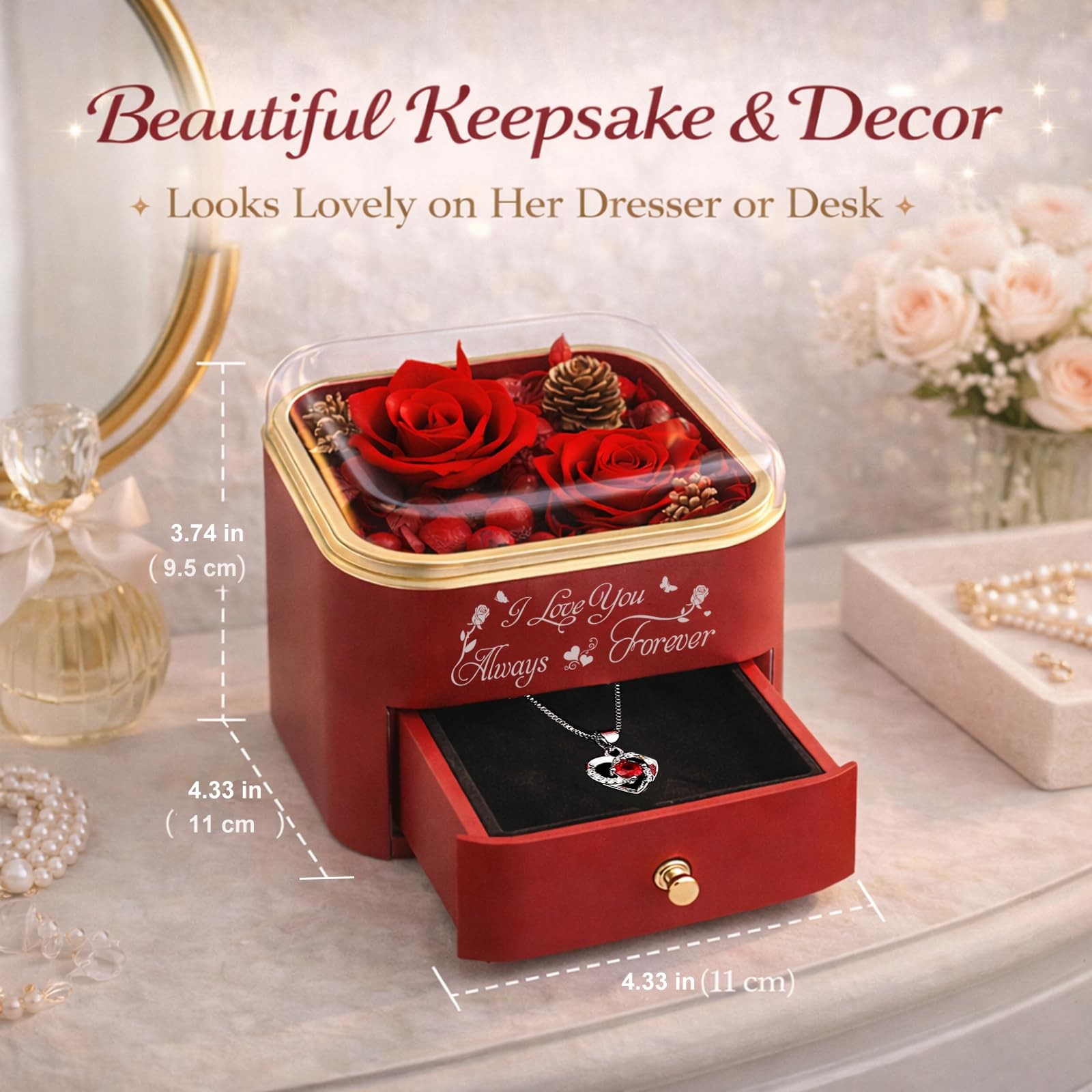 Forever Preserved Rose Gift Box with Hidden Necklace, Romantic Flower Jewelry…