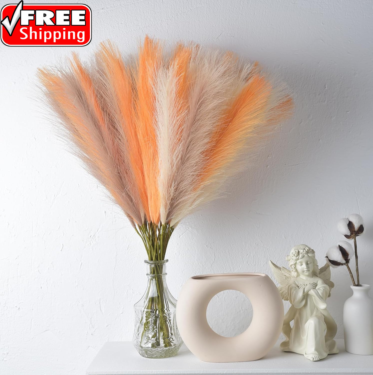 Orange Pampas Grass Decor,23Inch 12Pcs Faux Pampas Grass Bouquets Artificial Pam