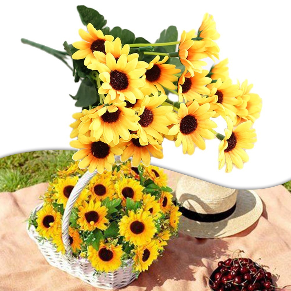 Fake Sunflower Bouquet Wedding Party Decor 24 Heads Artificial Flowers