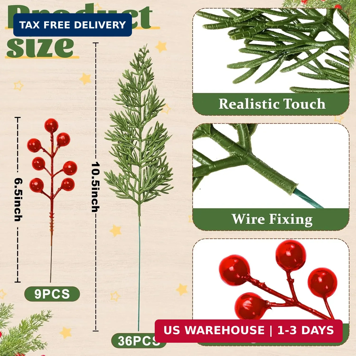 45Pcs Artificial Pine Branches with Red Berry Stems,Christmas Faux Green Cedar S