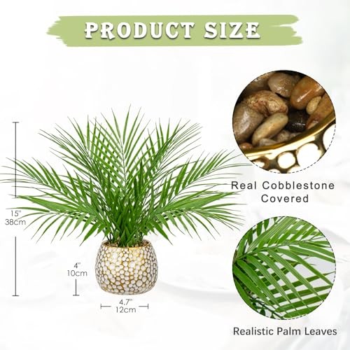 Fake Plants 15” Faux Palm Plant in Gold-White Pot Realistic Artificial