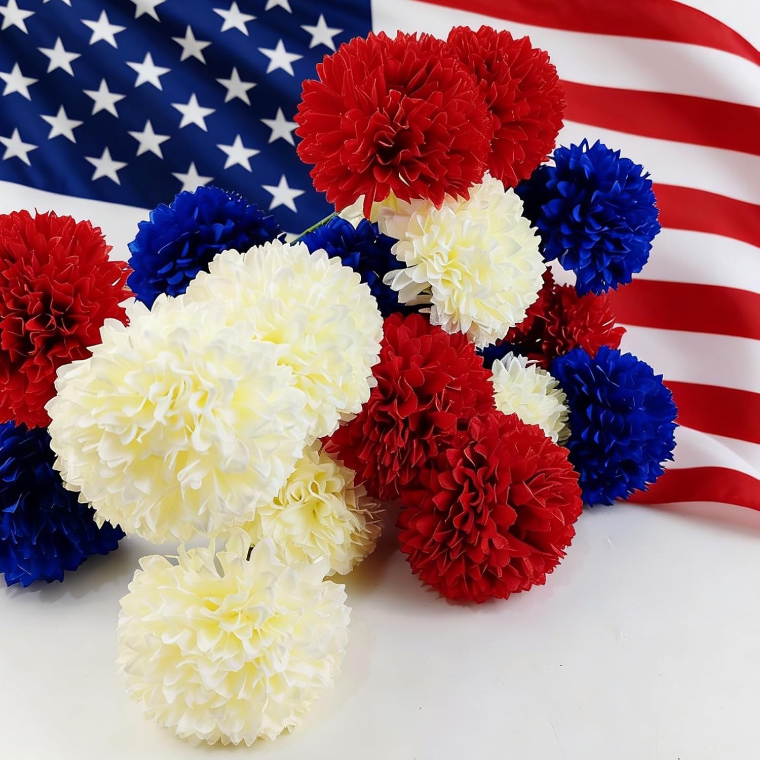 12PCS Artificial Chrysanthemums Flowers Patriotic Flower, 4th of July Fake Mu…