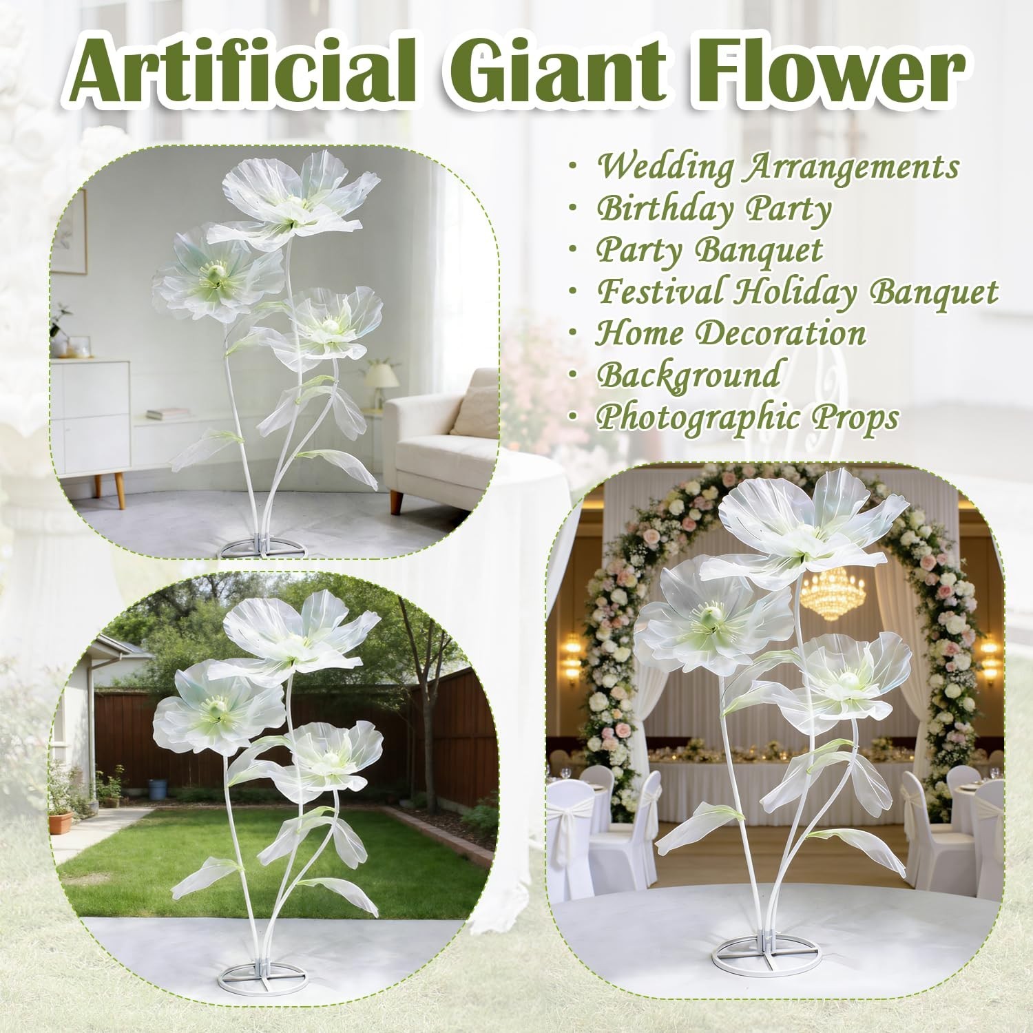 3Pcs 5.5ft Giant Silk Flower Decorations with Stand for Wedding, Party, Home & G