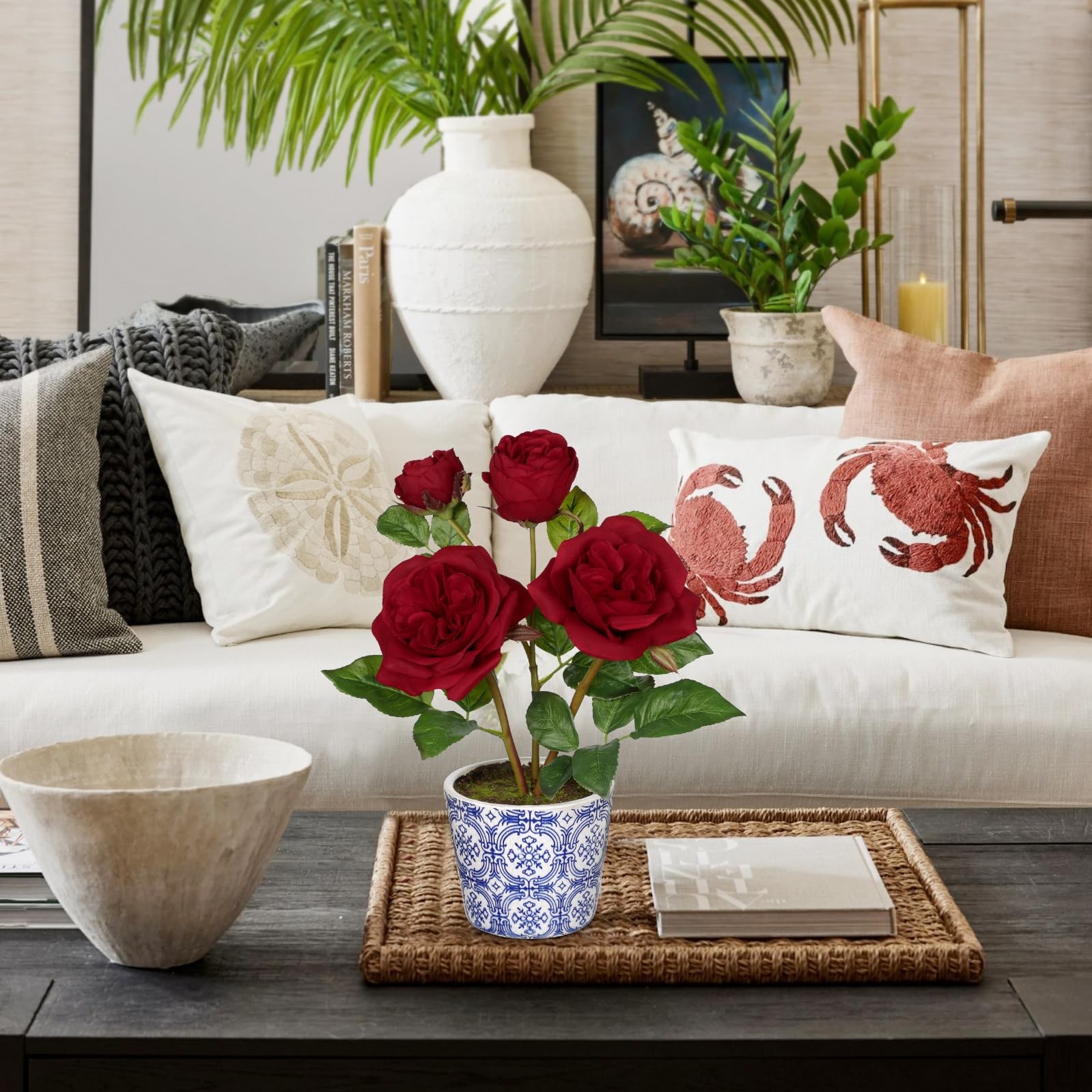 Red Real Touch Roses Artificial Flowers in Vase Blue and White Porcelain Cera…