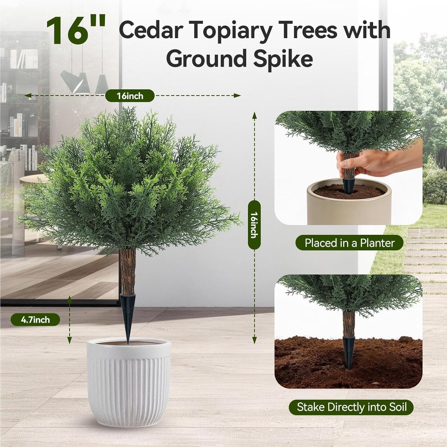 16″ Fake Bushes Outdoor, 2 Set of Cedar Shrubs Artificial Outdoor Plants with…
