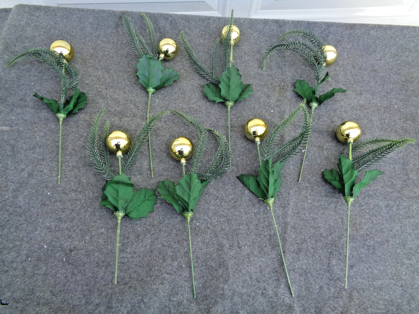 Green Fern Faux Branch Floral Pick with Gold Ball Ornament – Lot of 8