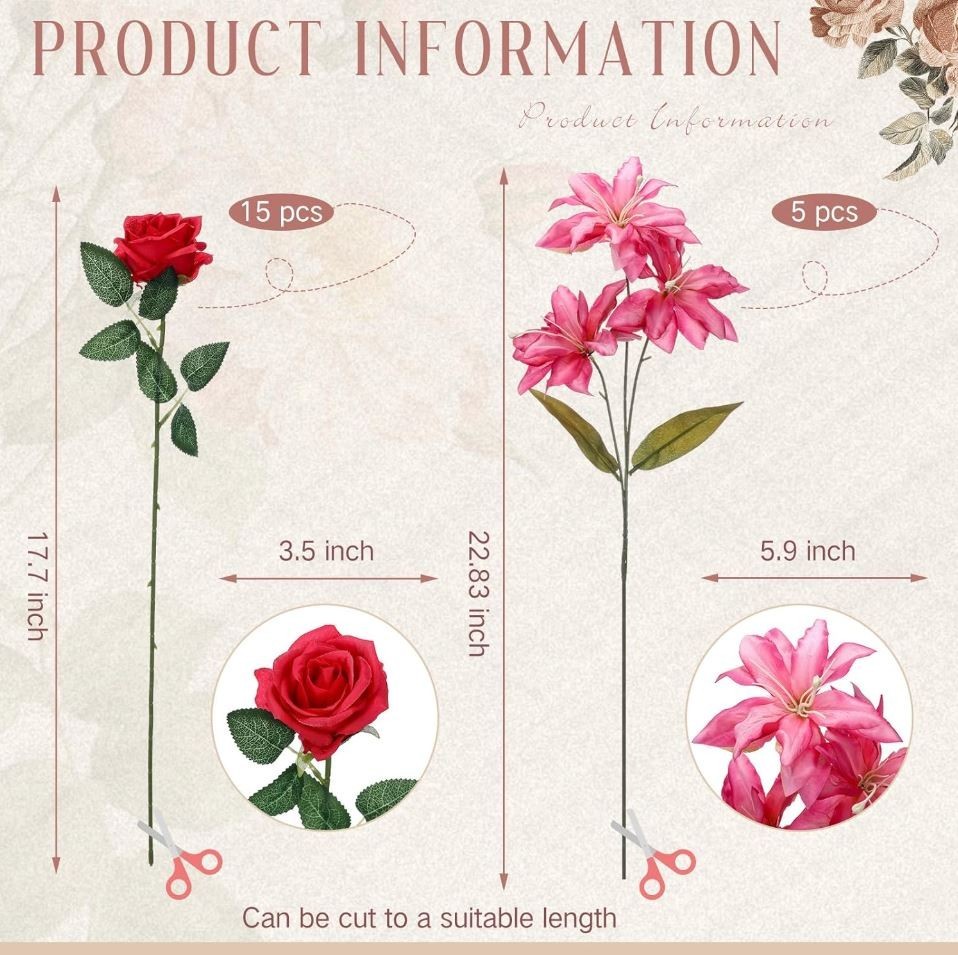 20 Pcs Artificial Lily and Rose Bouquet Red & Pink Realistic Silk Flower-j