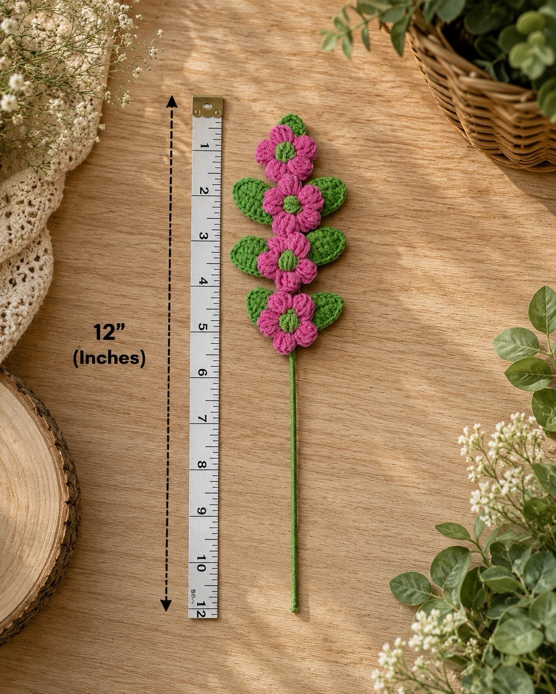 Handmade Crochet Pink Flower Stem 12” Floral Decor Gift Home Decoration