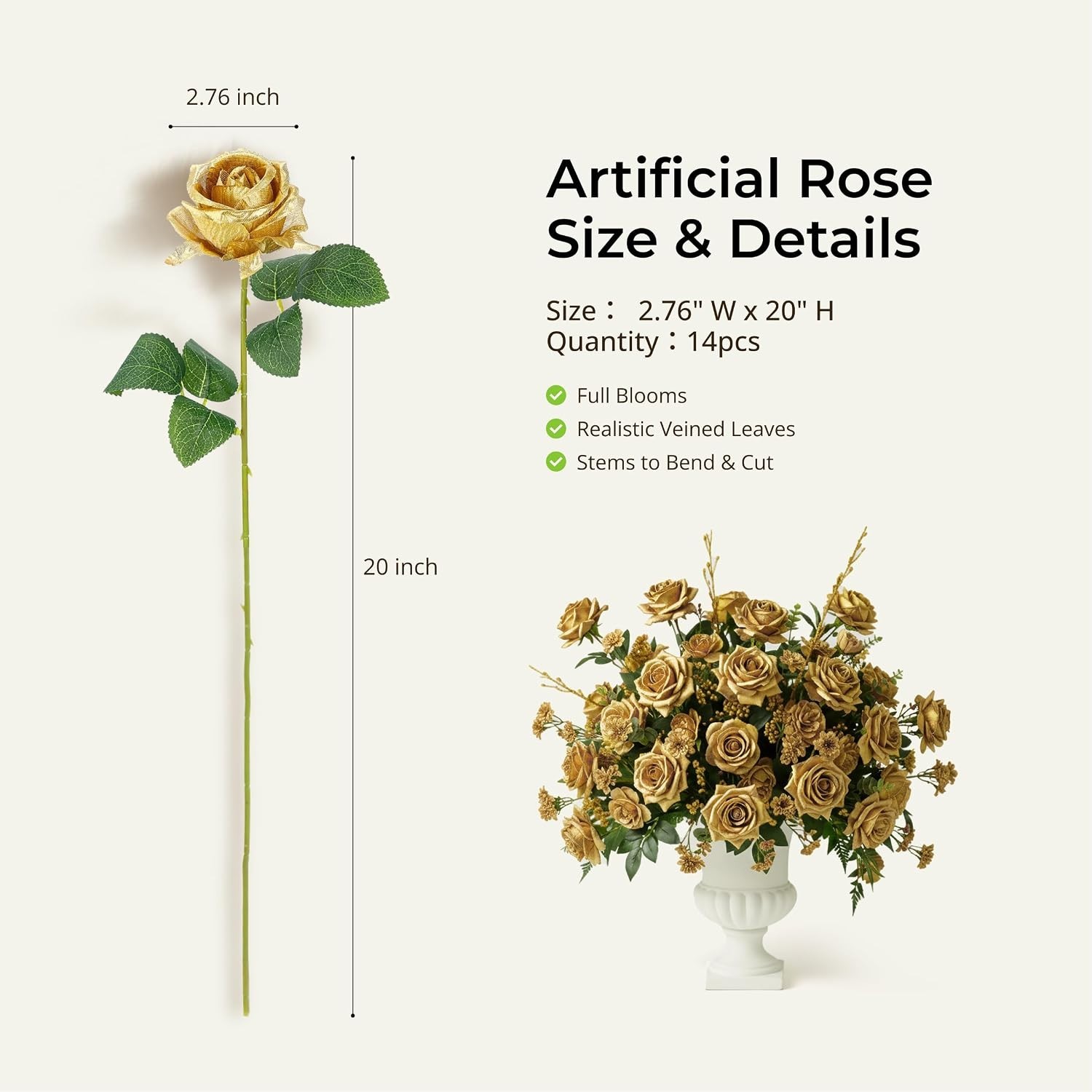 14PCS Gold Artificial Roses, Silk Rose Bouquet with Long Stems for Father’s D…