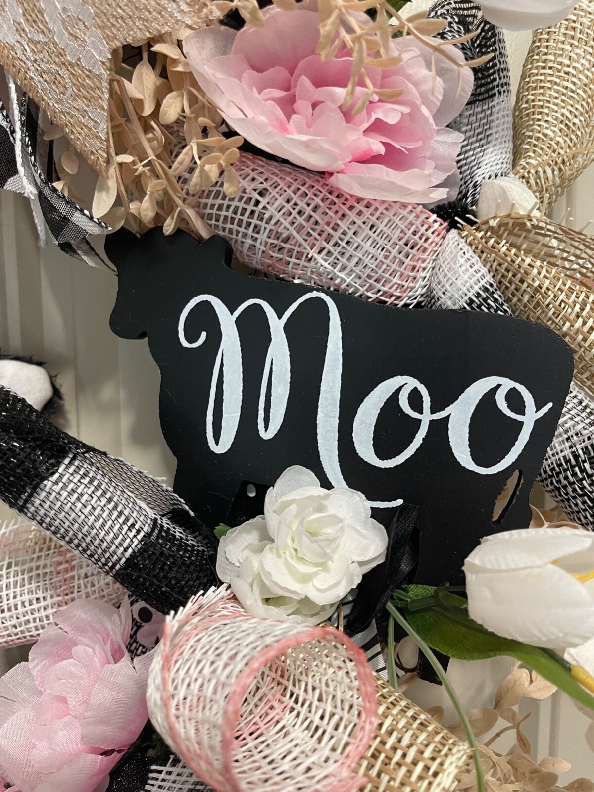 Farm MOO Cow floral mesh grapevine wreath by Taylormadecustombows 32x28x7″